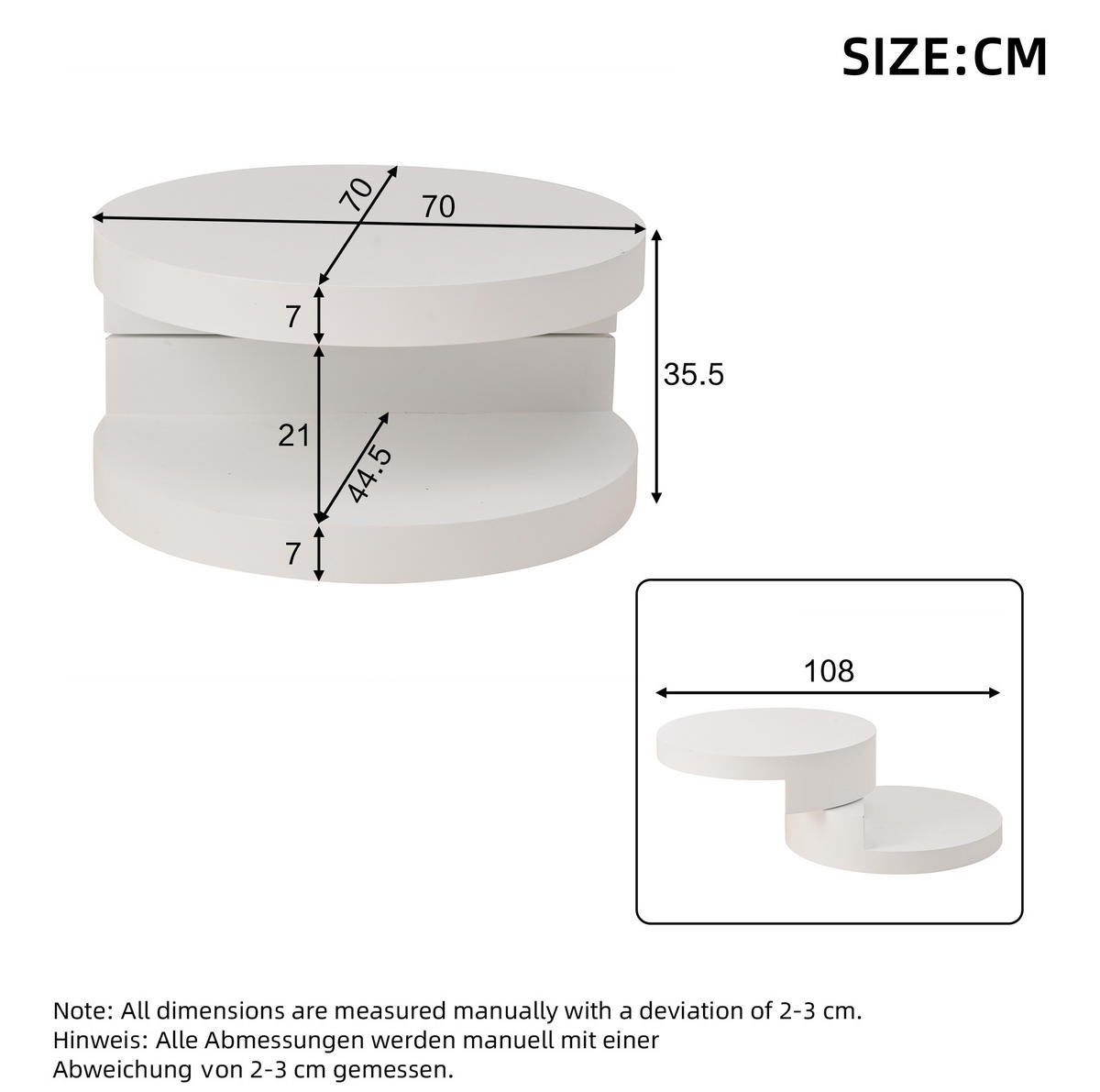 COUCHTISCH 70/70/35,5 cm mit 360° drehbarer Tischplatte, LED-Beleuchtung und 2 Ebenen aus MDF, Weiß - Weiß, Holzwerkstoff (70/70/35.5cm) - Redom