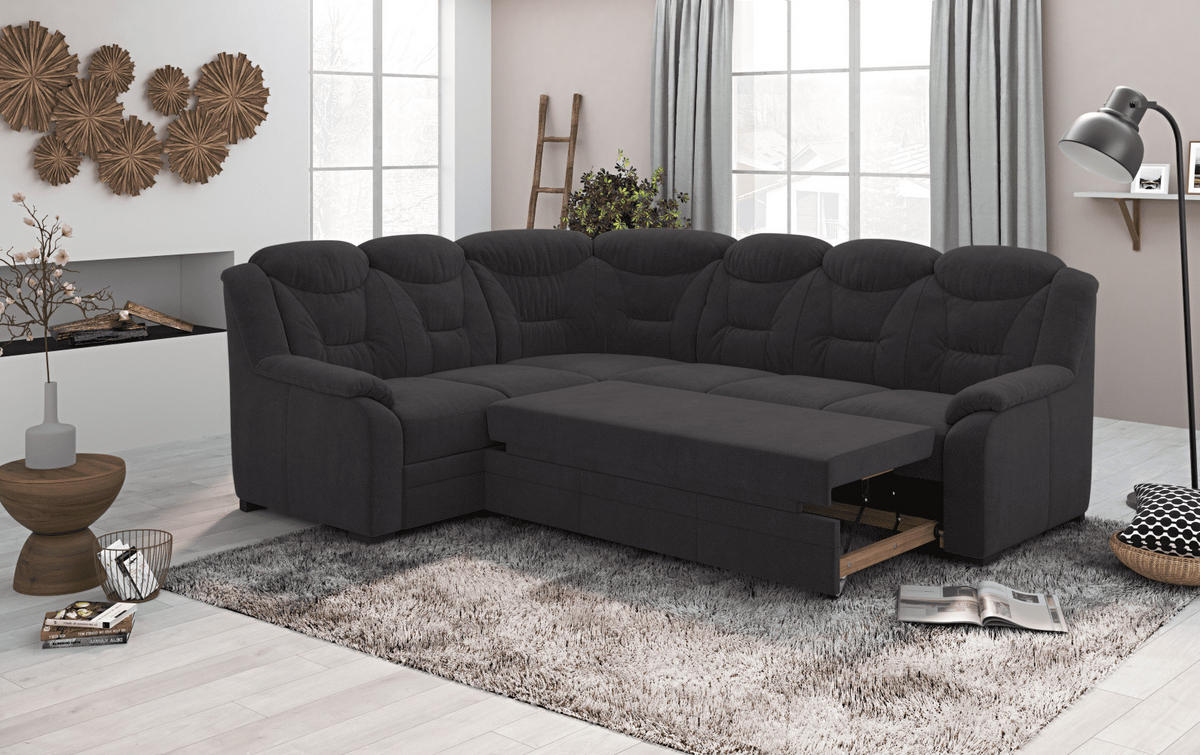 ECKSOFA mit Schlaffunktion und Bettkasten – weiches Chenille-Gewebe - Schwarz Hochglanz/Anthrazit, Holz/Kunststoff (263/211cm) - Cotta