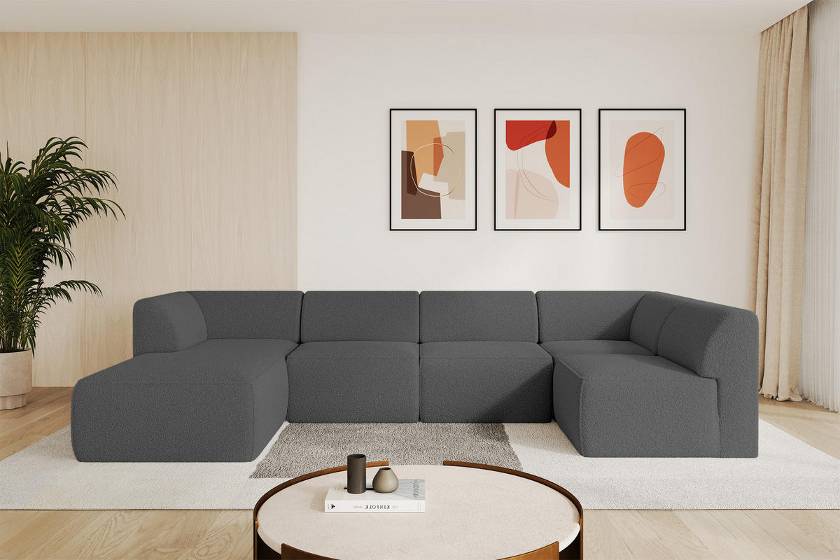 WOHNLANDSCHAFT Ottomane Links MOVO-L 345x180x78 cm Grau Bouclé - Chromfarben, Holzwerkstoff/Kunststoff (345/78/180cm) - ALTDECOR