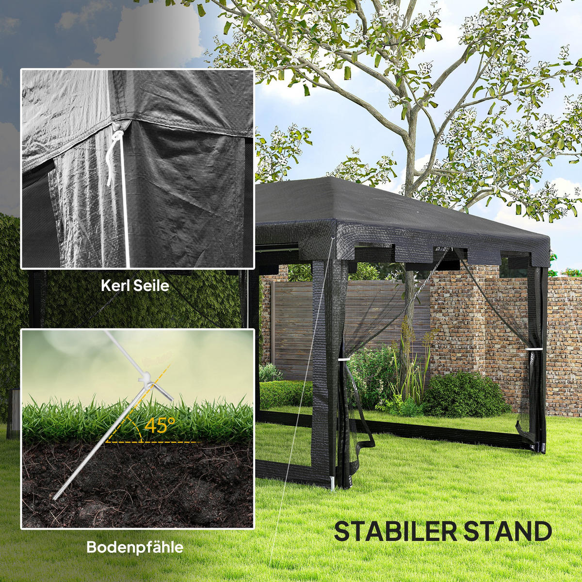 PAVILLON Gartenzelt 3 x3 m Pavillon, wetterbeständig, faltbar, 395cm x 295cm x 255 cm, Schwarz - Schwarz, Metall (395/255/295cm)