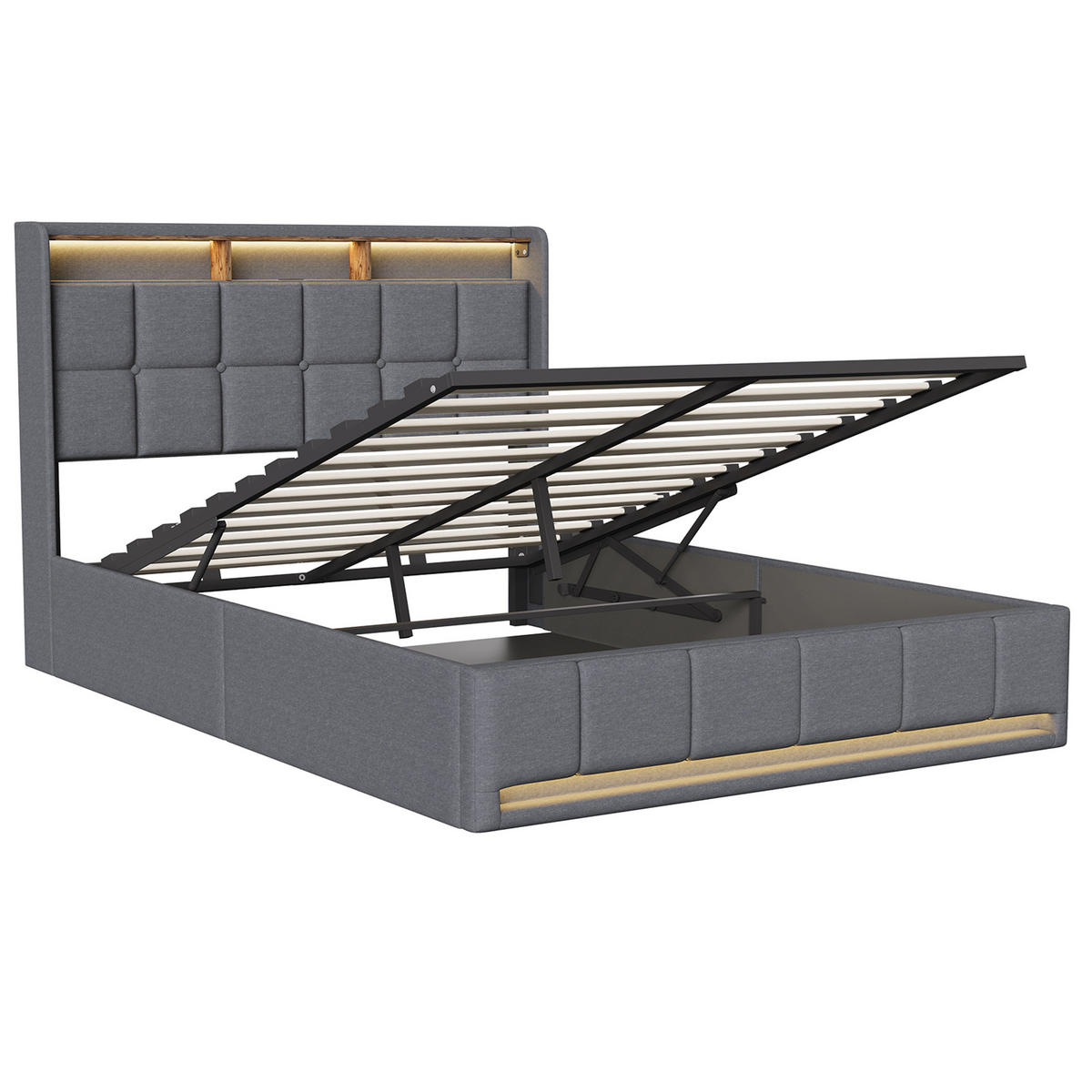 POLSTERBETT 160x200 cm Grau mit LED Beleuchtung, Kopfteil mit Stauraum und USB/Type-C, hydraulisches Stauraumbett - Grau, Metall (160/200cm) - EuroLiving