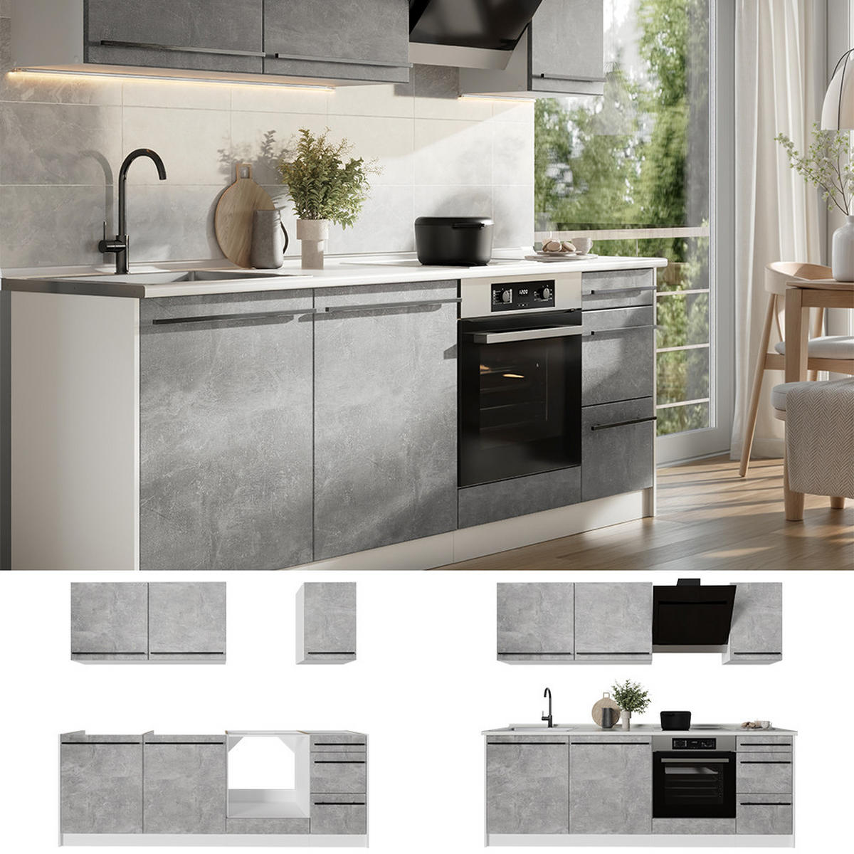 KÜCHENZEILE R-Line, Beton/Weiß, 220 cm ohne Arbeitsplatte - Weiß/Grau, Holzwerkstoff (220/81.6/46cm) - Vicco