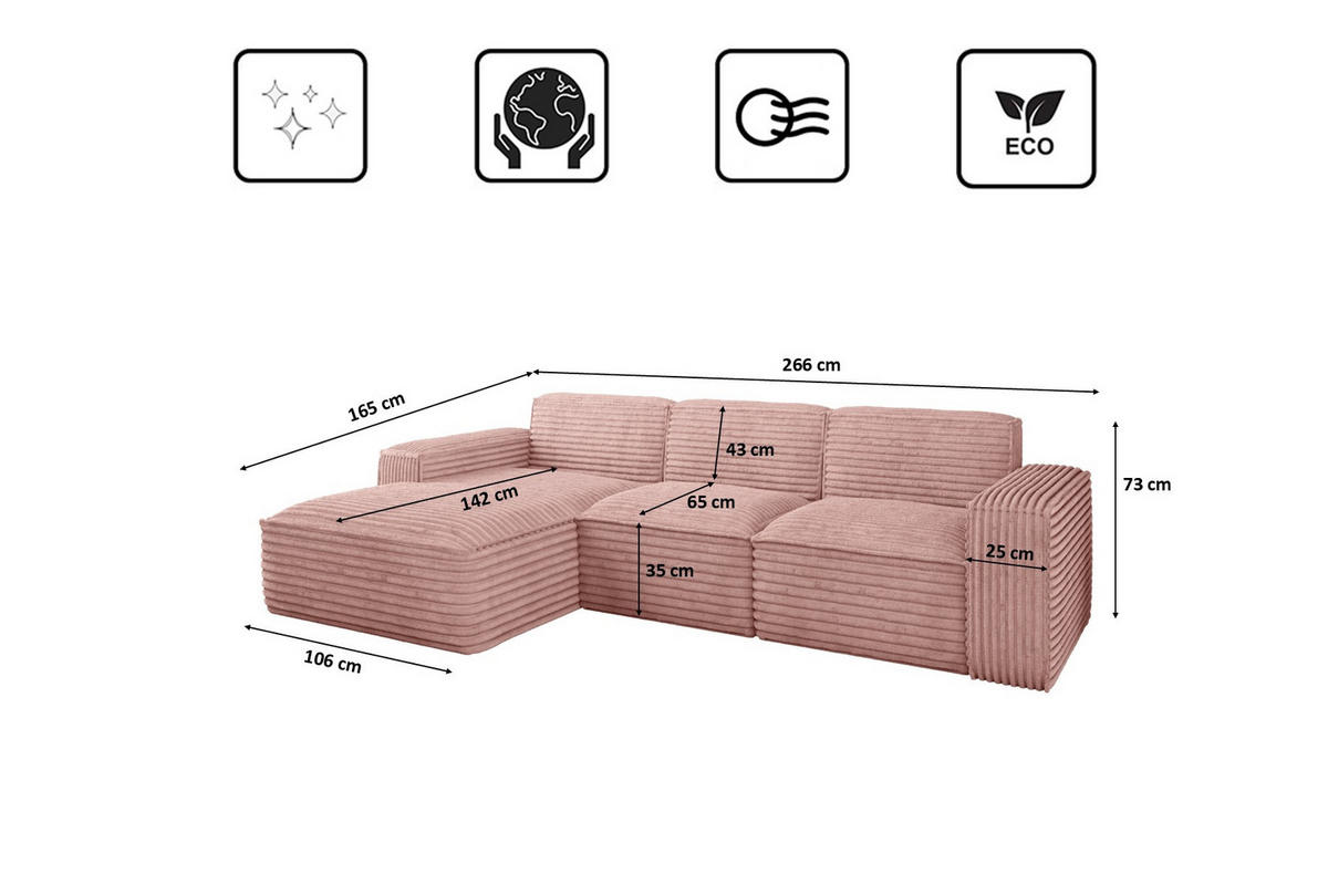 ECKSOFA L-Form Siena Stoff Velo Rosa Links - Rosa, Holz/Kunststoff (165/266cm) - Kaiser Möbel