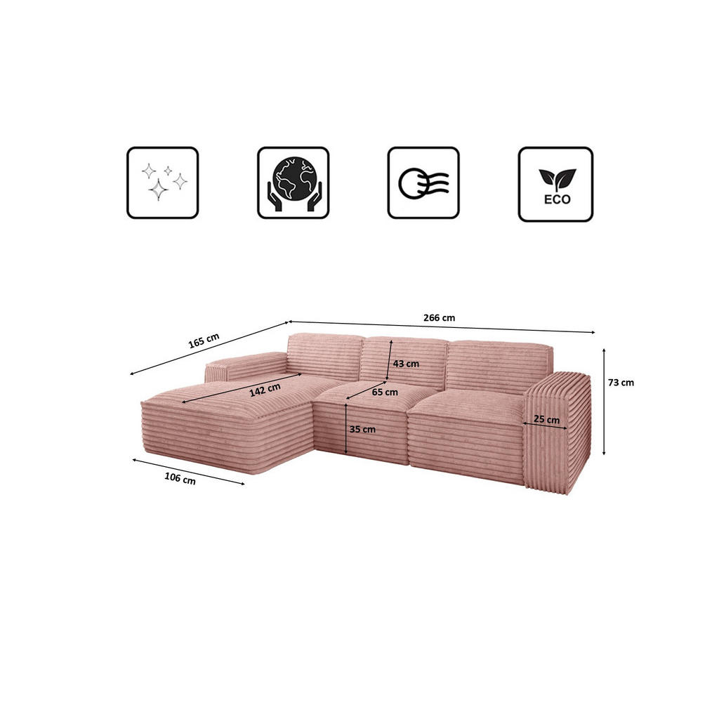 Thumbnail - Kaiser Möbel Ecksofa, Rosa, Textil, 4-Sitzer, einzeln stellbar, L-Form, Ottomane links, Ottomane rechts,L-Form, 266x165 ...
