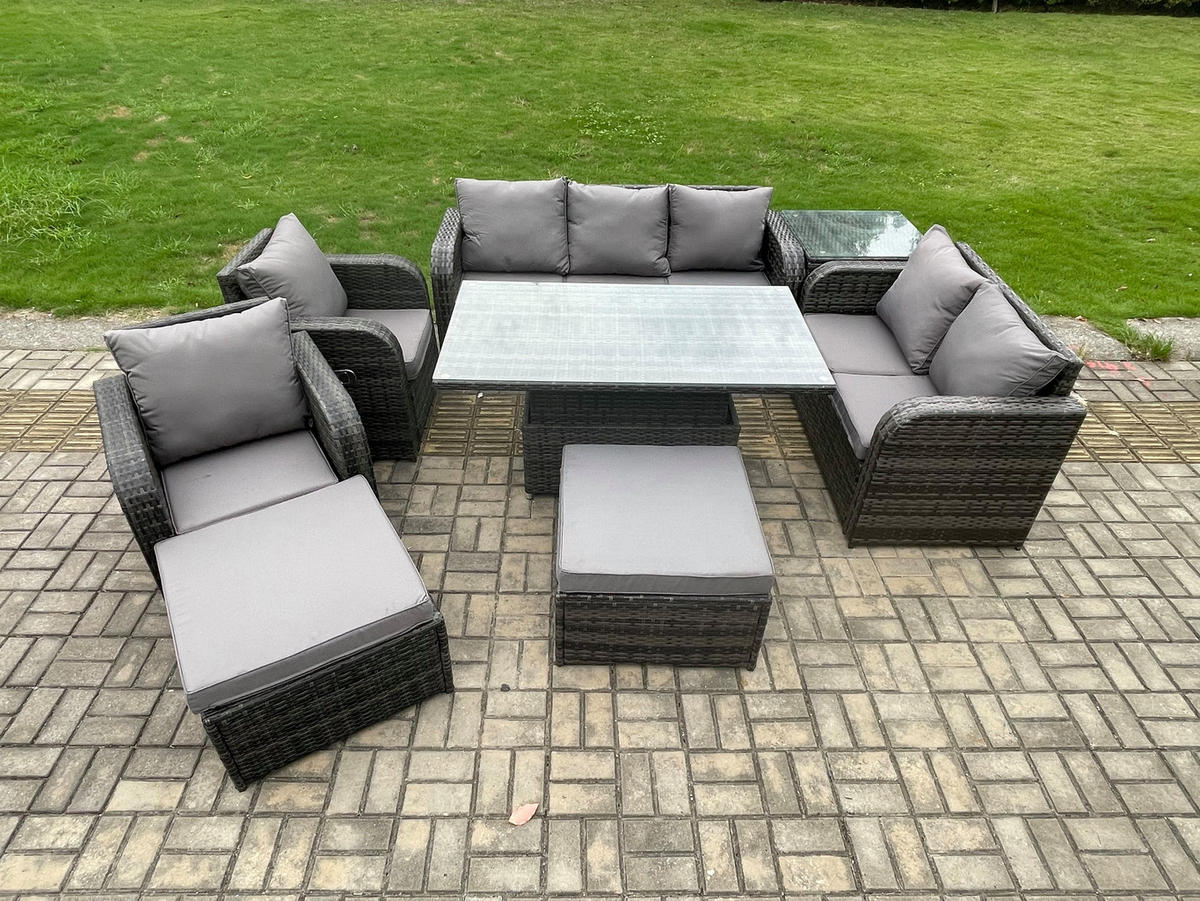 GARTENSET MIT COUCHTISCH BEISTELLTISCH HOCKER Polyrattan Patio 9-Sitzer - Dunkelgrau/Grau, Glas/Kunststoff - Fimous