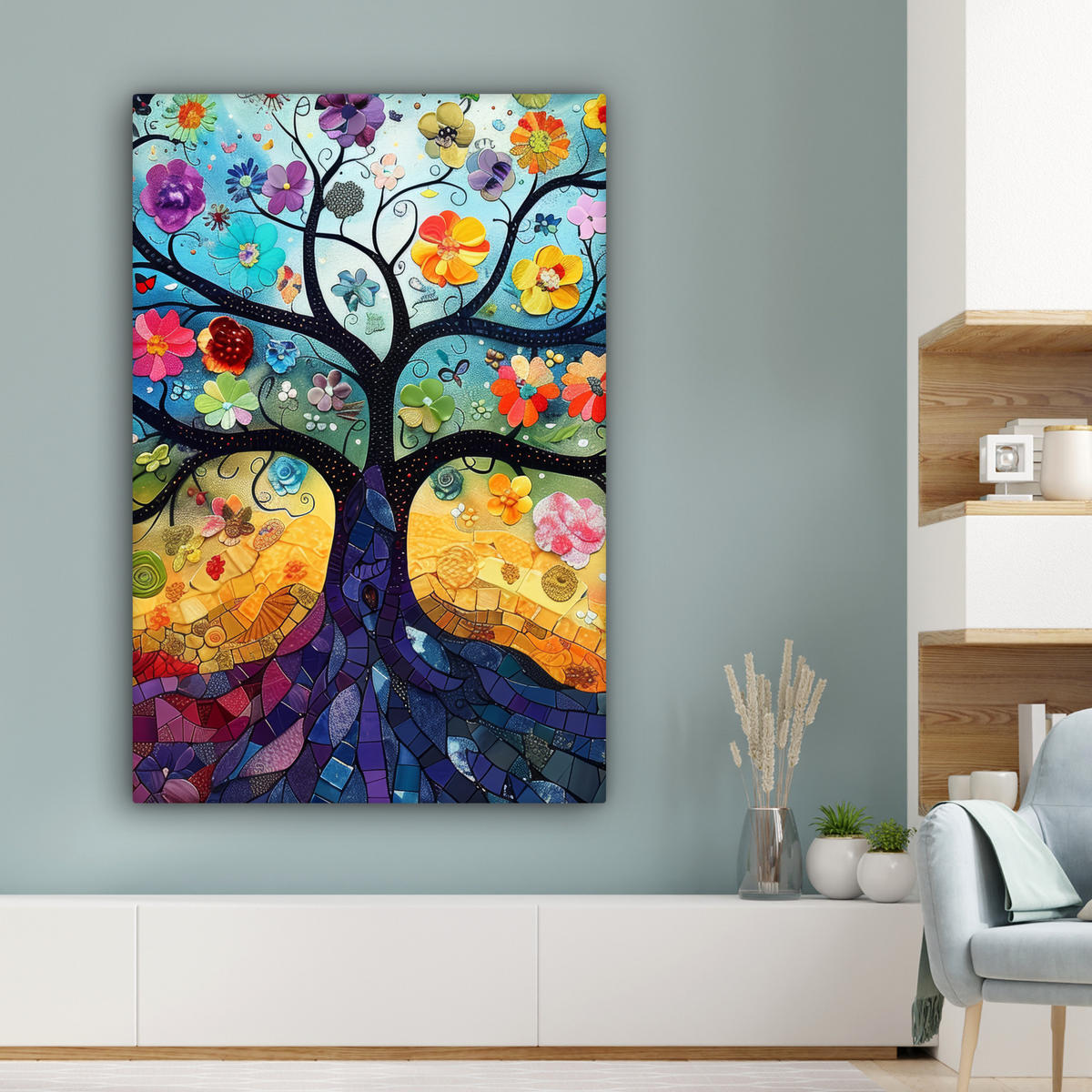LEINWANDBILD Kunst - Baum des Lebens - Blumen - Hippie Deko XXL 80x120 cm - Dunkelblau, Textil (80/120cm) - MuchoWow