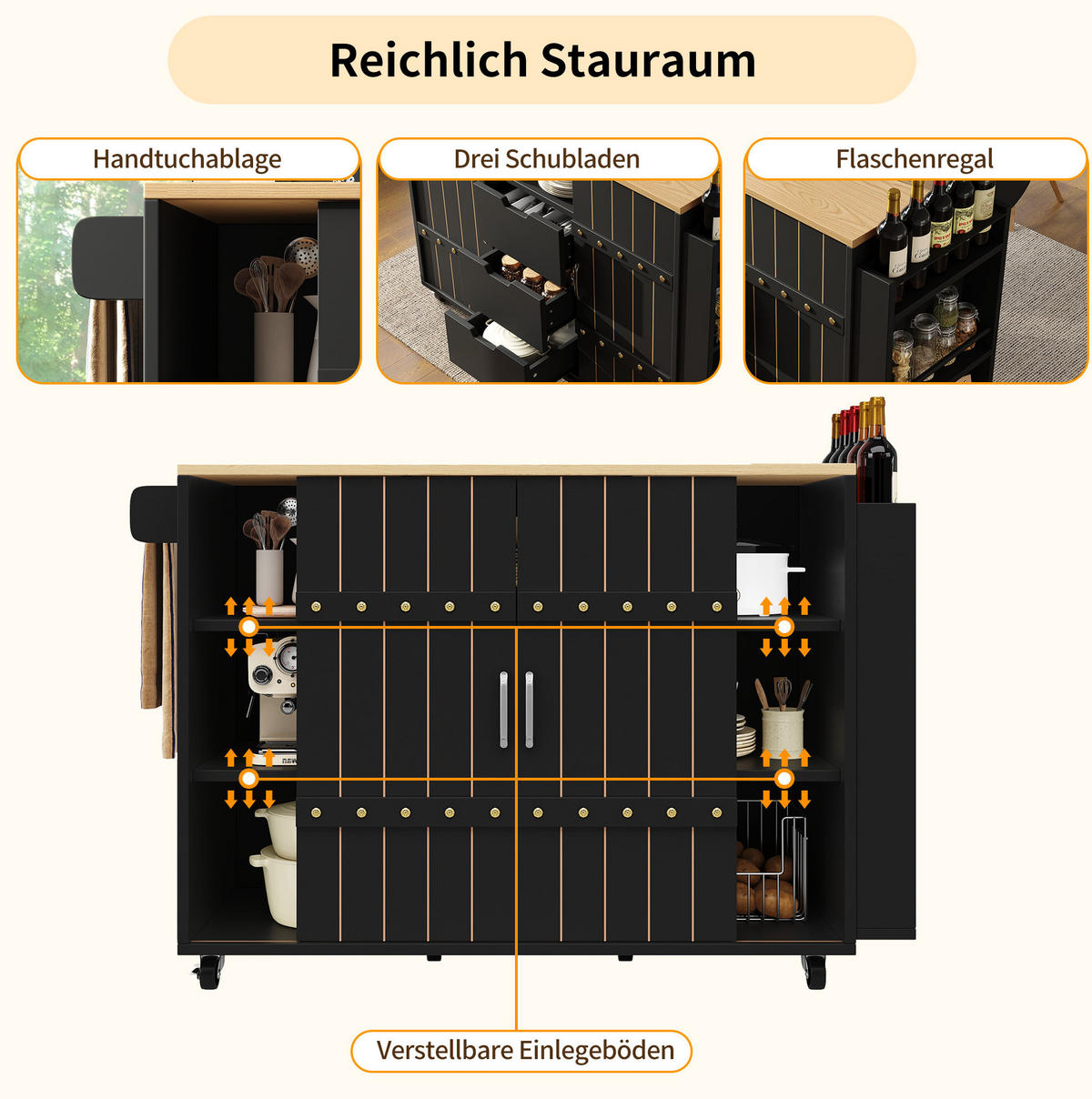 KÜCHENINSEL 110/42/90 cm schwarz mit Klapptisch mit Schiebetüren und Schubladen - Schwarz, Holzwerkstoff (110/90/42cm) - OKWISH