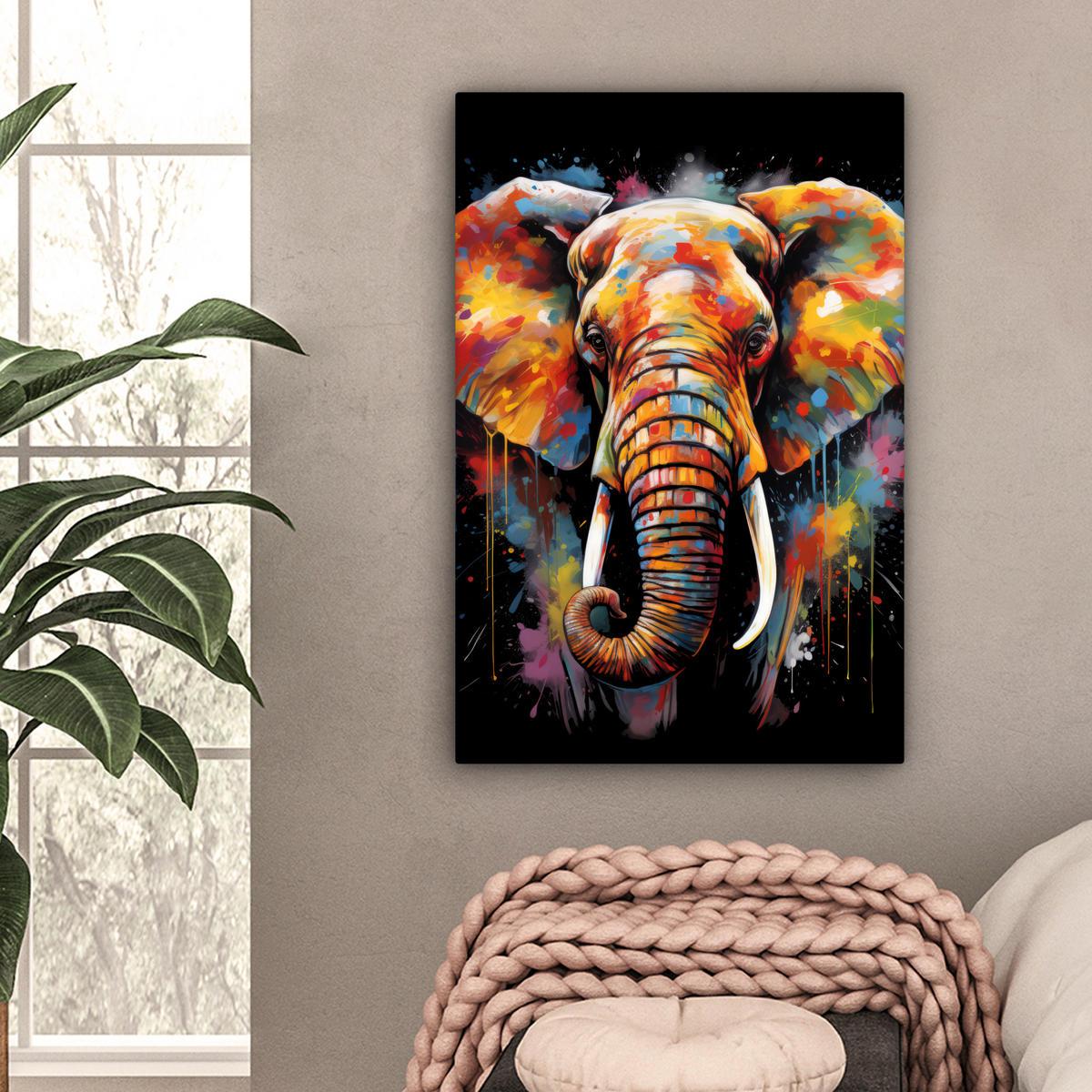LEINWANDBILD Elefant - Graffiti - Schwarz - Tiere - Farben 60x90 cm - Schwarz, Textil (60/90cm) - MuchoWow