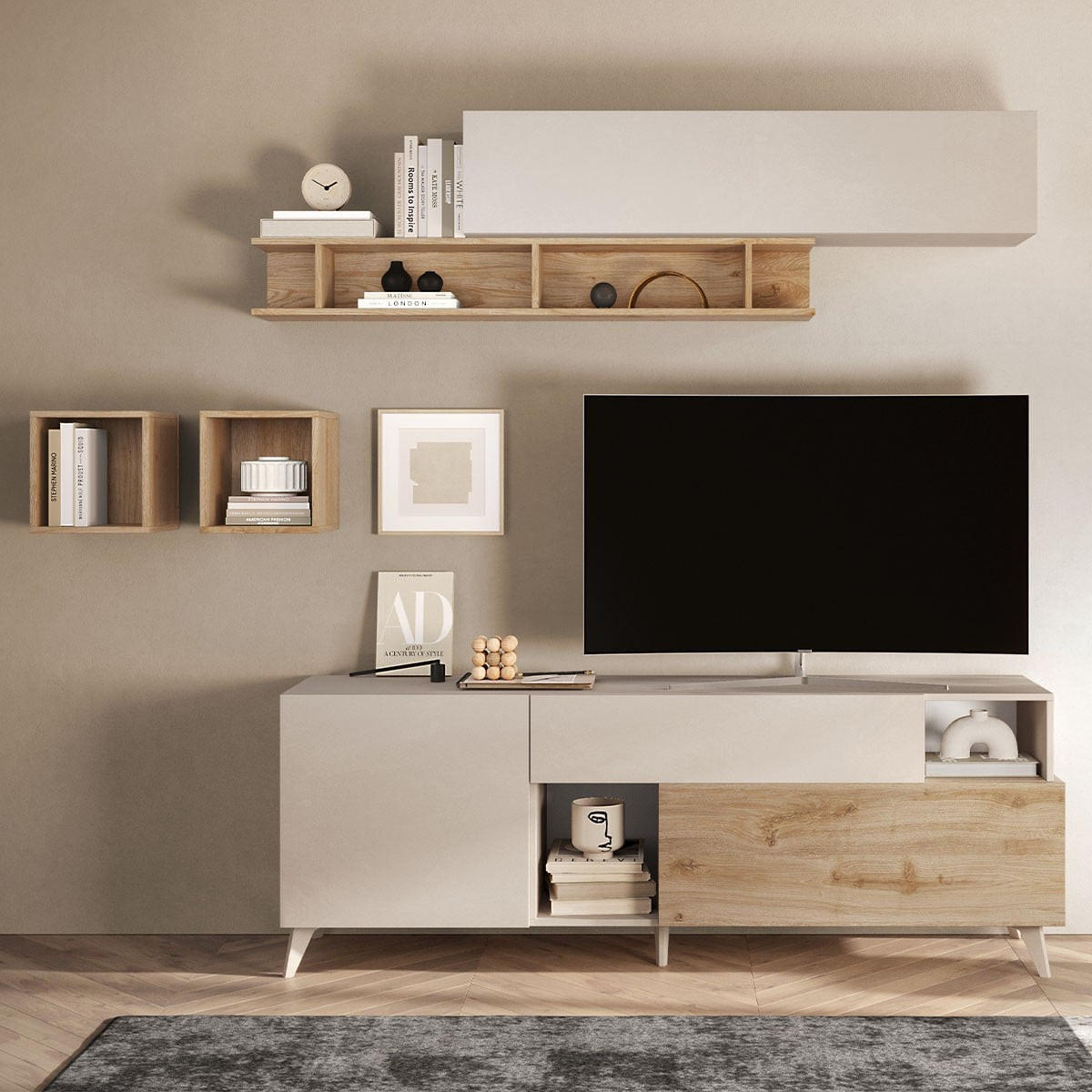 TV-MÖBEL mit 2 Türen, 1 Schublade und 2 Nischen - Mala - 181/43/67 cm - Beige, Holzwerkstoff (43/67/181cm) - Calicosy