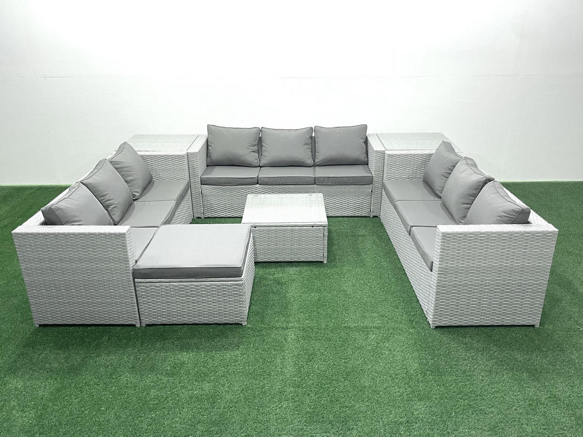 GARTENMÖBELSET mit 3-SITZER SOFA,COUCHTISCH Polyrattan Hellgrau-Mix 10-Sitzer - Hellgrau/Grau, Glas/Kunststoff - Fimous
