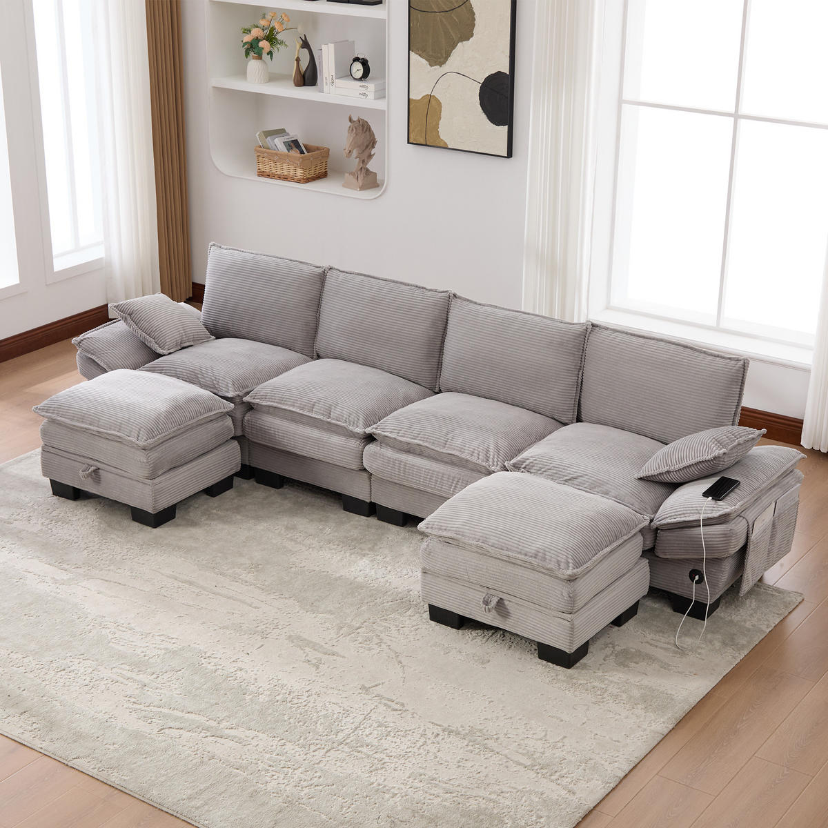 WOHNLANDSCHAFT Cord Hellgrau mit 2 Hocker, USB-C und Seitentaschen - Hellgrau, Holzwerkstoff/Kunststoff (330/84/132cm) - WISHDOR