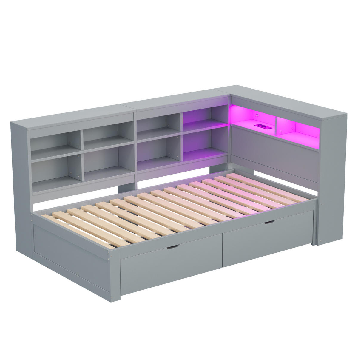 HOLZBETT 90/200 cm mit Kopfteil, Stauraum und LED/USB in Grau - Grau, Holzwerkstoff (90/200cm) - BEAOK