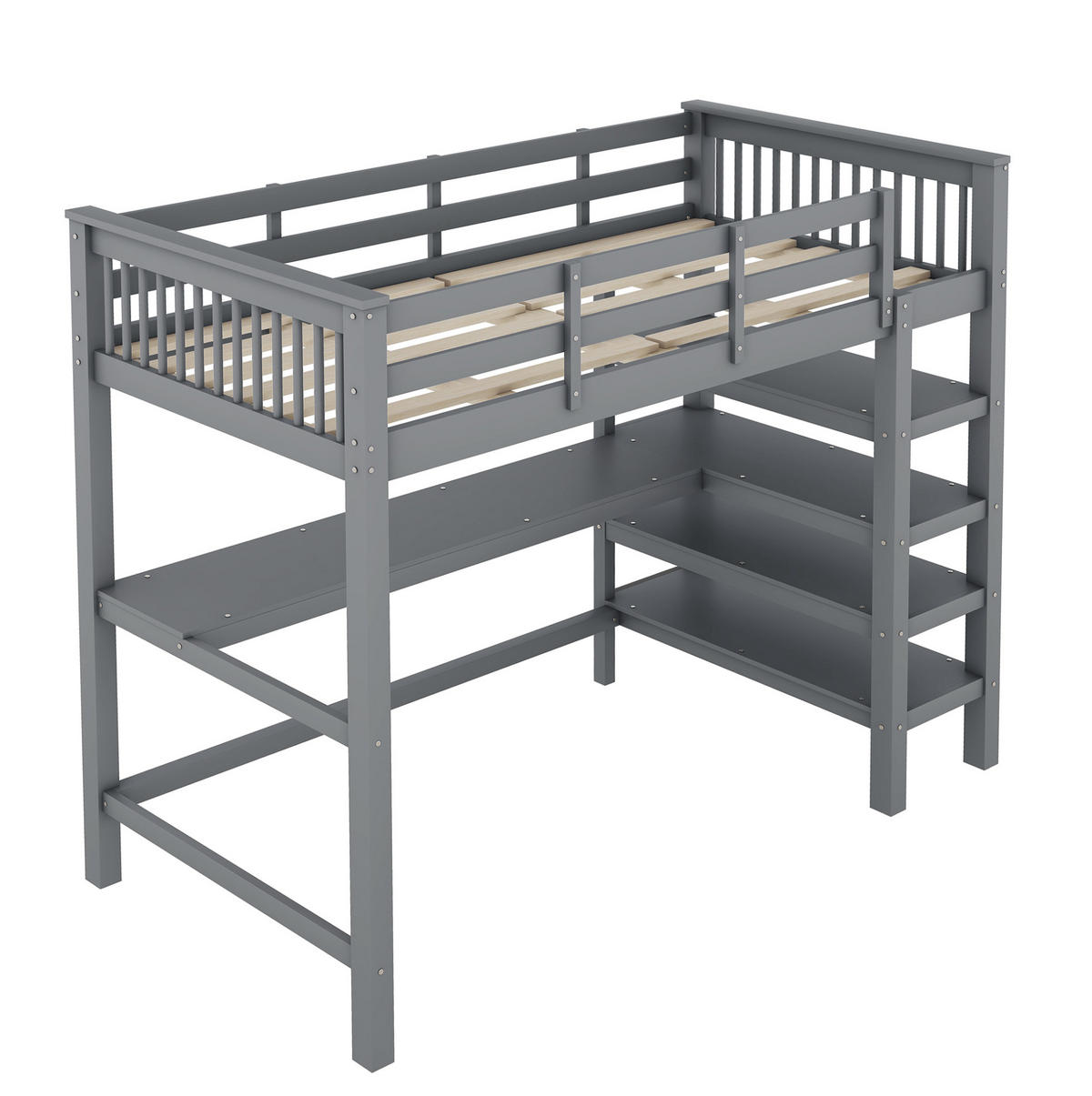 HOCHBETT aus Kiefer und MDF 90x200 cm Grau mit Schreibtisch, Ablagefächern und Leiterregal - Grau, Holzwerkstoff (90/200cm) - Modfu