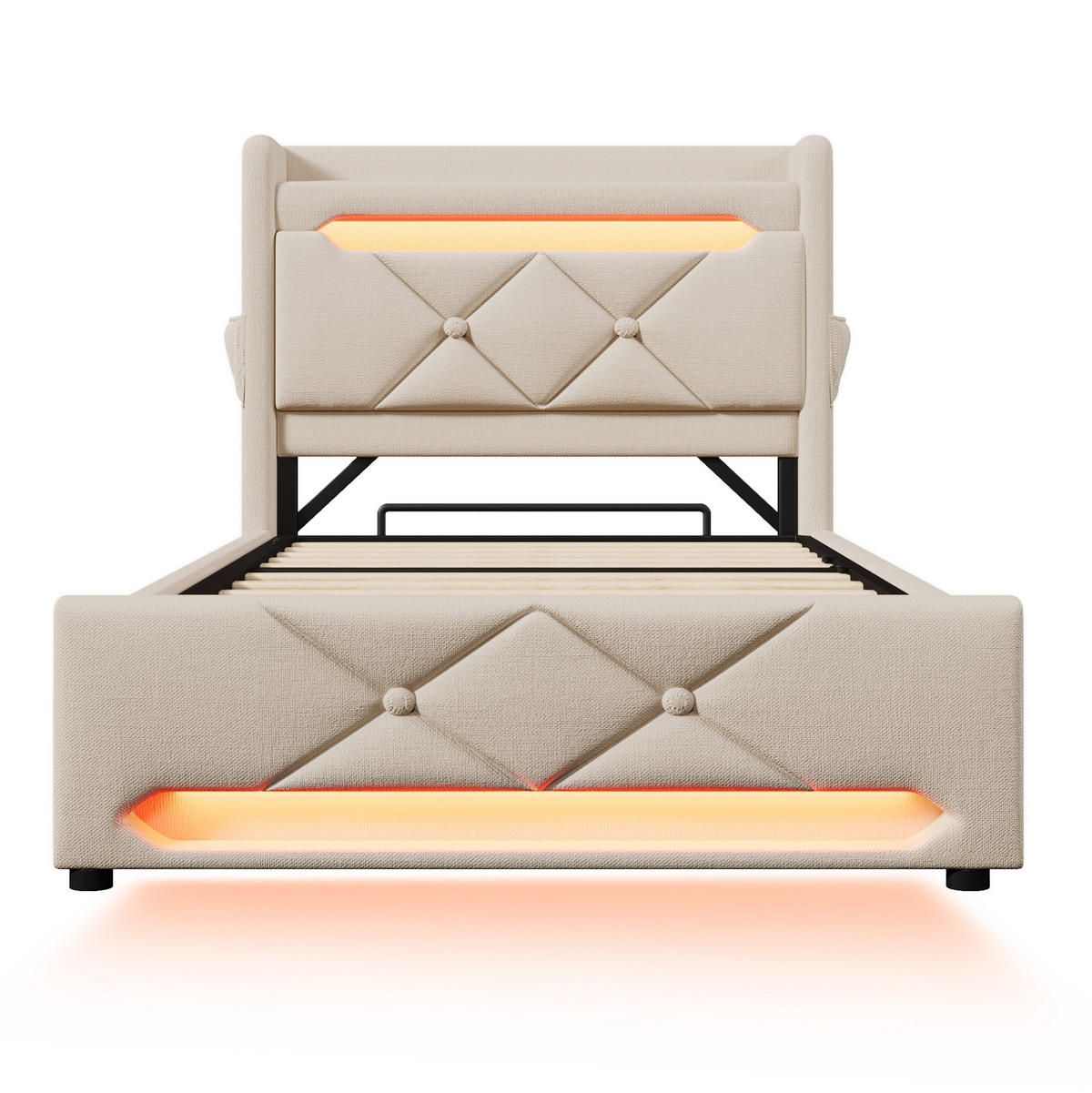 POLSTERBETT 90/200 cm Beige mit Stauraum, LED-Beleuchtung und USB-Anschlüssen - Beige, Textil (90/200cm) - Flora Grace