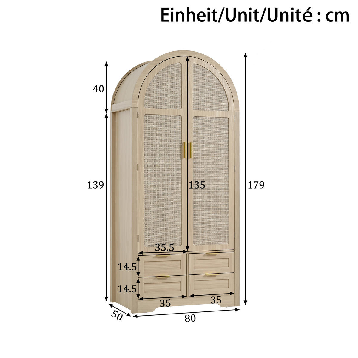KLEIDERSCHRANK in Eichenfarben mit Kleiderstange und Schubladen für Flur und Schlafzimmer, B80/T50/H179 cm - Eichefarben, Holzwerkstoff/Metall (80/139/50cm) - STILVORA