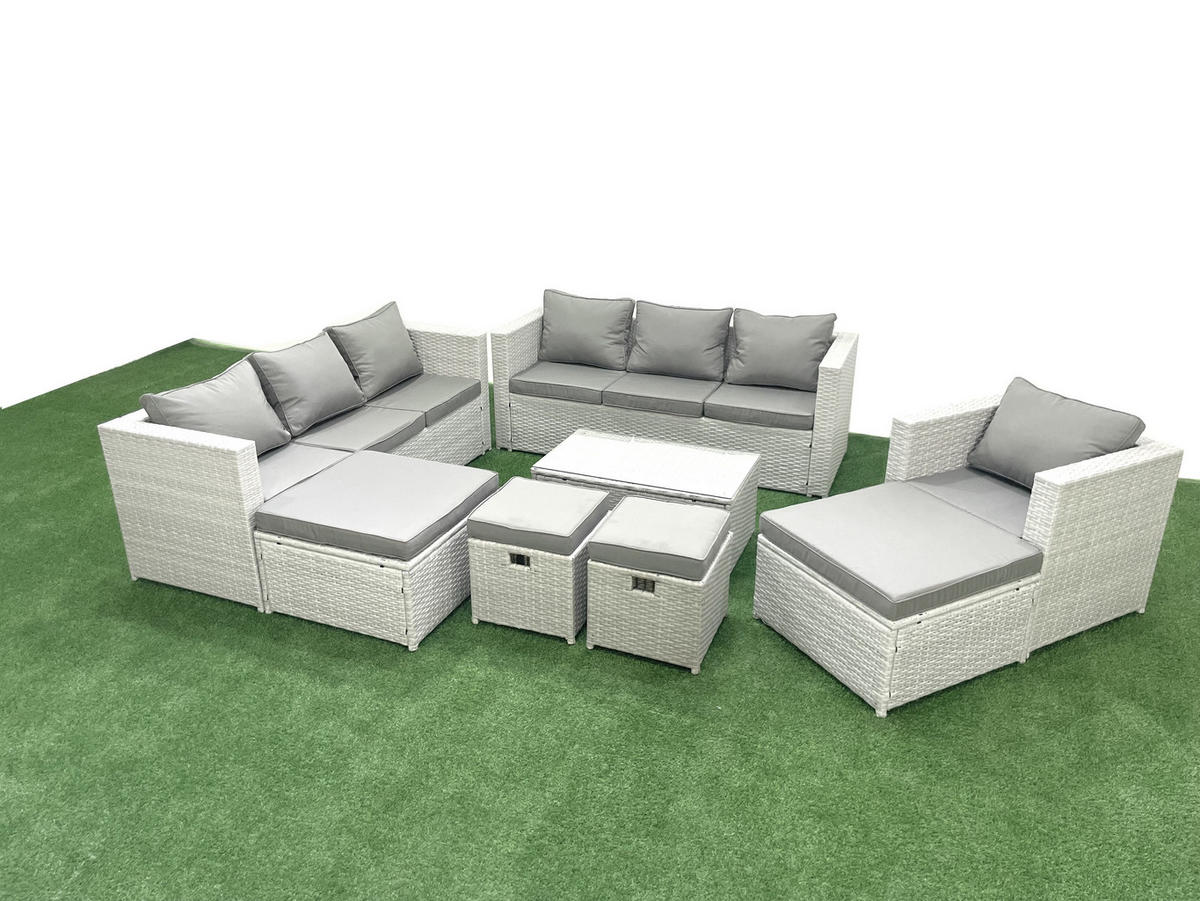 GARTENSET mit 3-SITZER SOFA,COUCHTISCH Polyrattan Hellgrau-Mix 11-Sitzer - Hellgrau/Grau, Glas/Kunststoff - Fimous