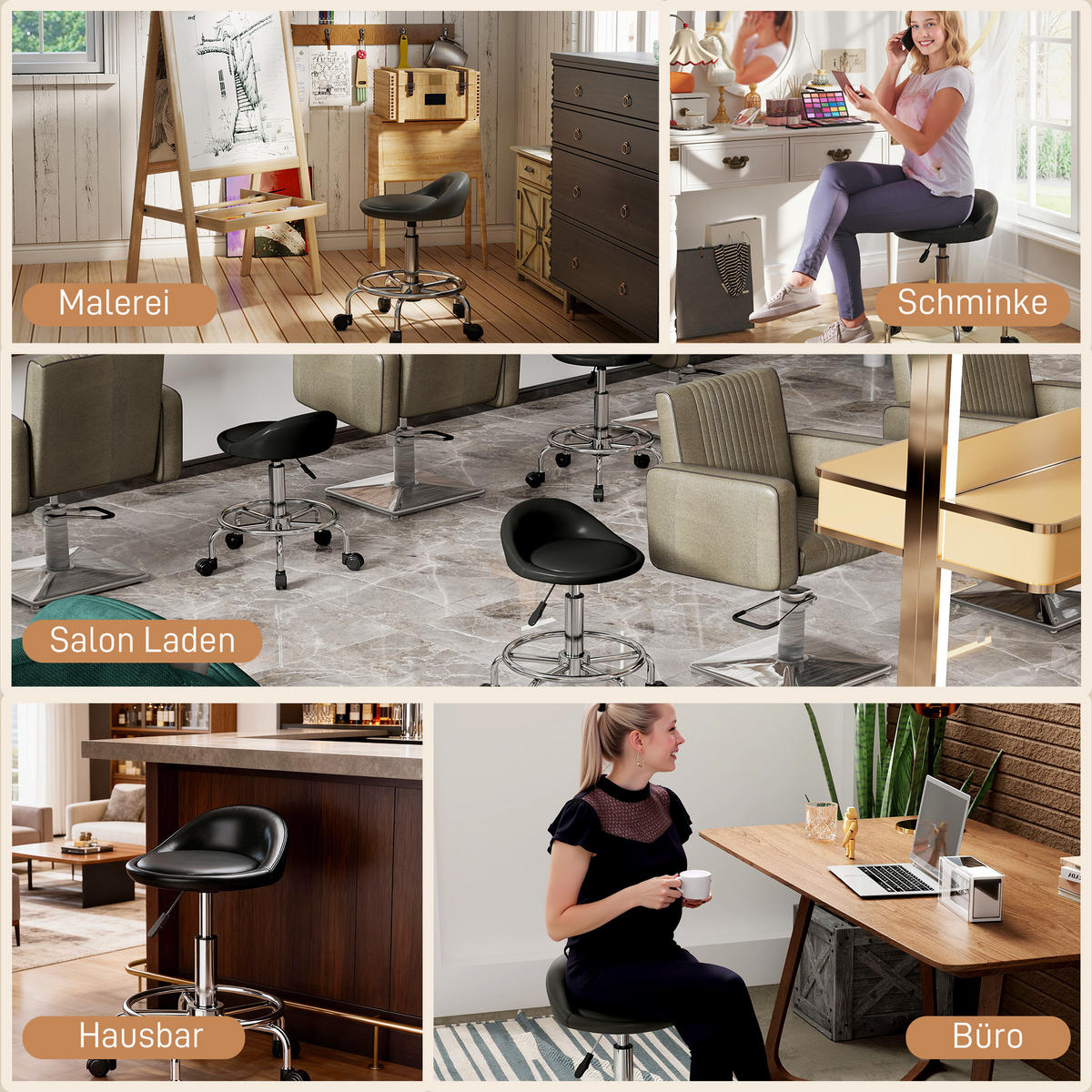 ROLLHOCKER höhenverstellbar mit Rückenlehne Drehhocker 59-75 cm Arbeitshocker - Schwarz, Kunststoff (43/75/43cm) - HOMCOM