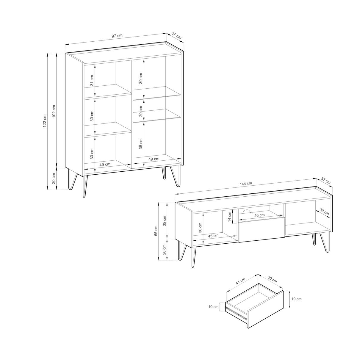 WOHNWAND Canmore 2, 2-er Set, Scharnier Häfele Marmor Schwarz Graphit Schwarz - Graphitfarben, Glas/Holzwerkstoff (241/122/37cm) - Komodee