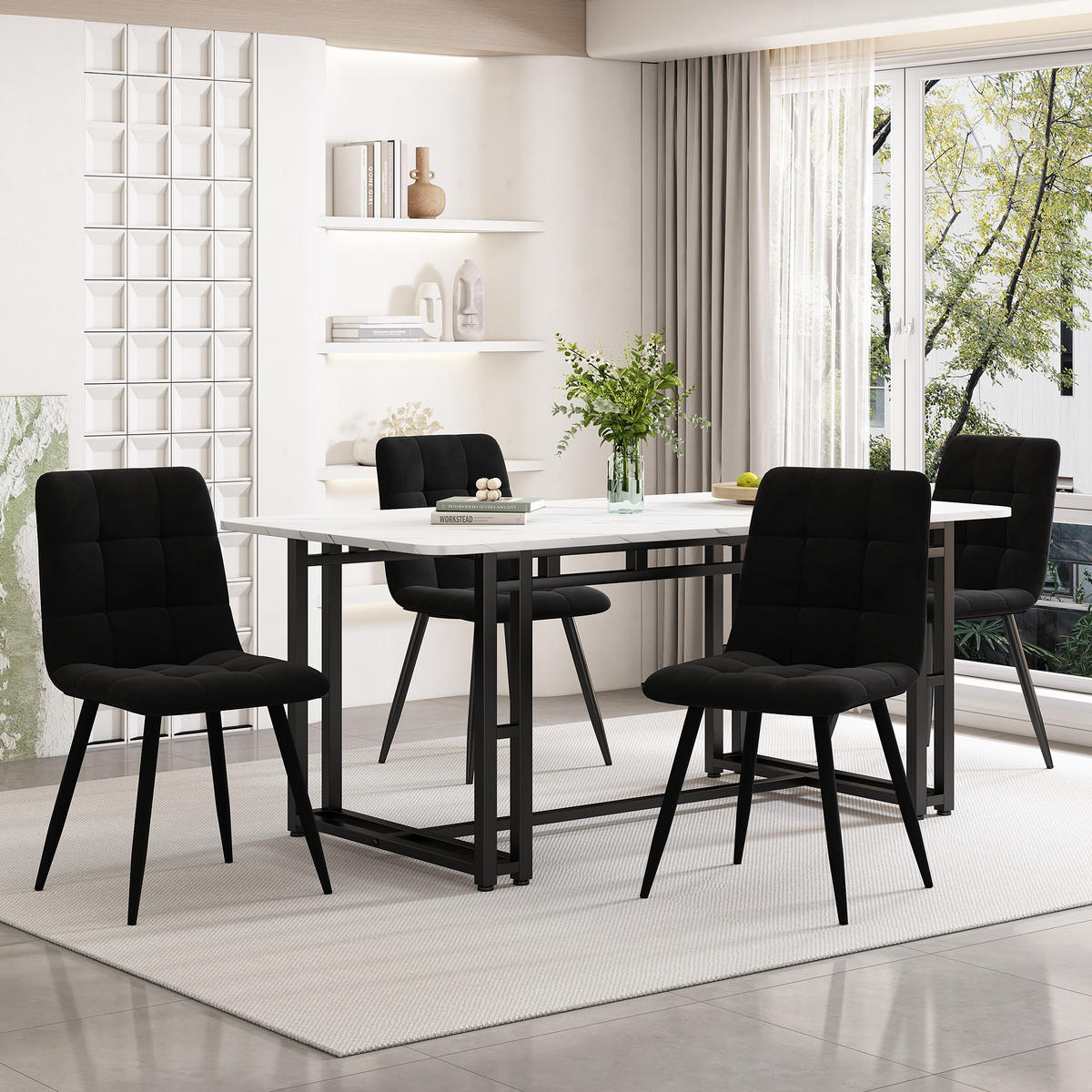 ESSZIMMER-SET 5-tlg mit Küchentisch 120/140 cm und vier schwarzen Samtstühlen mit Metallbeinen im modernen Design, weiß-schwarz - Schwarz, Holzwerkstoff (80/74/140cm) - Luhomfu
