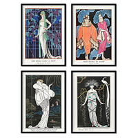 POSTER Set mit 4 Weinleseblauen TonosTönen vom Künstler George Barbier A3 Schwarzer Rahmen - Schwarz, Papier (29.7/3cm) - Nacnic