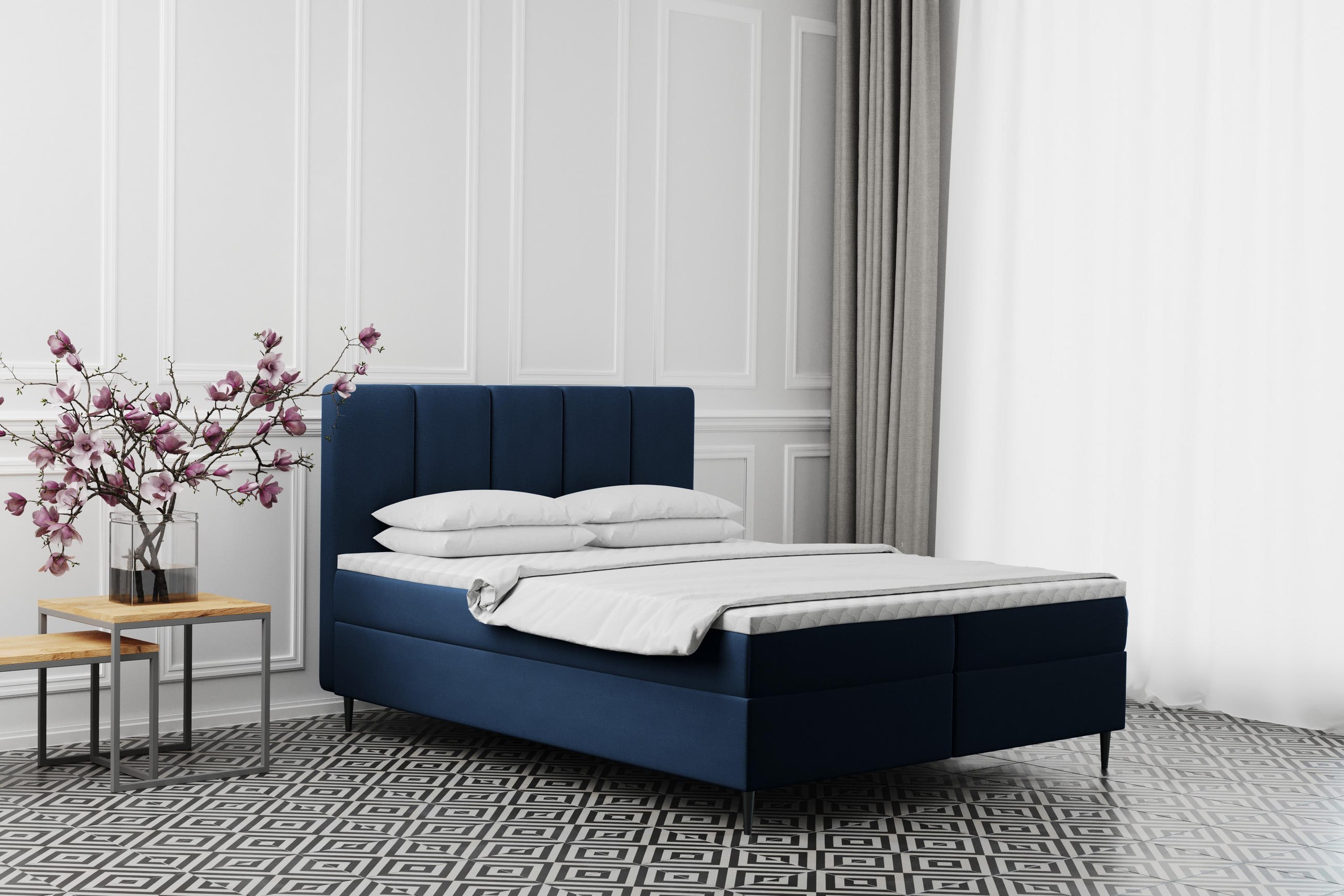 BOXBETT Mit Bettkasten Matratze ADEL Stoff Monolith Marineblau 140x200 cm H3-Bonell - Dunkelblau, Holz/Textil (140/200cm) - Kaiser Möbel