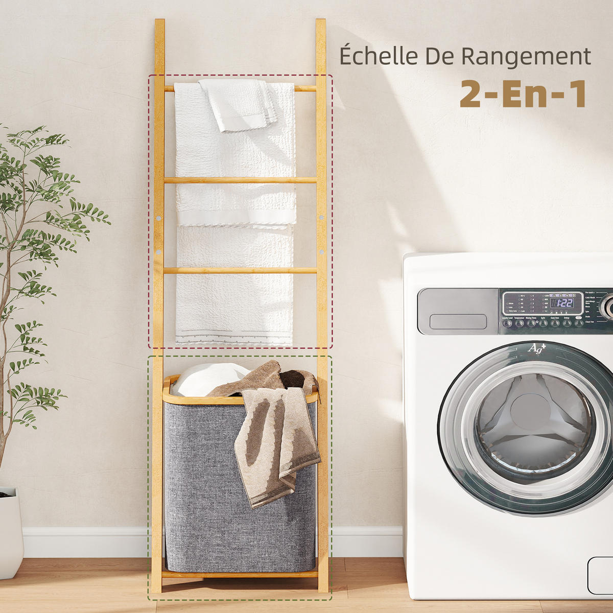HANDTUCHLEITER DE-17344 mit Wäschekorb (48 l) & 3 Stangen Grau - Grau, Naturmaterialien (43/133/35cm) - ComfortXL