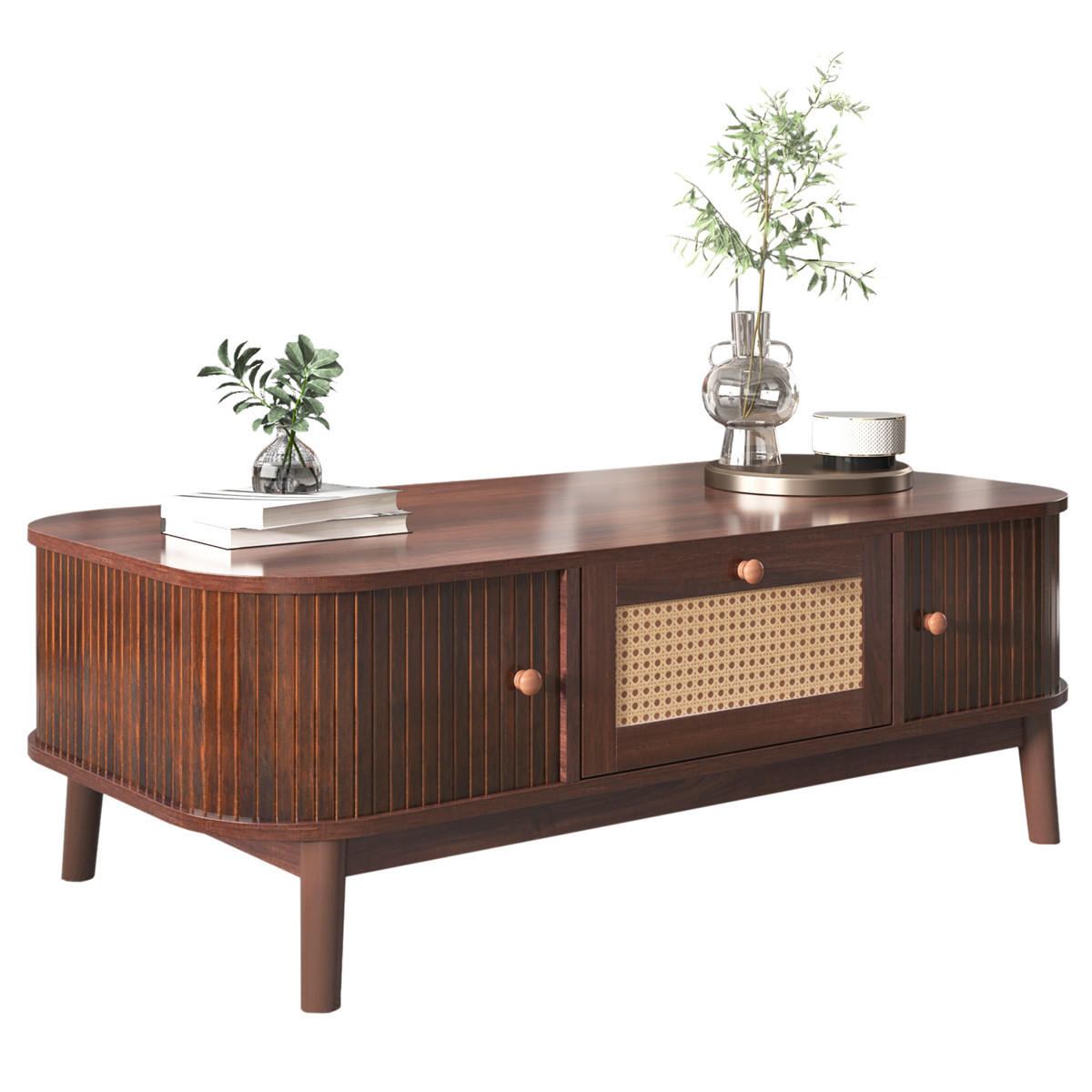 COUCHTISCH Rattan Massivholzbeine Schubladen Wohnzimmertisch - Braun, Holz (55/110/38.5cm) - Bomclap