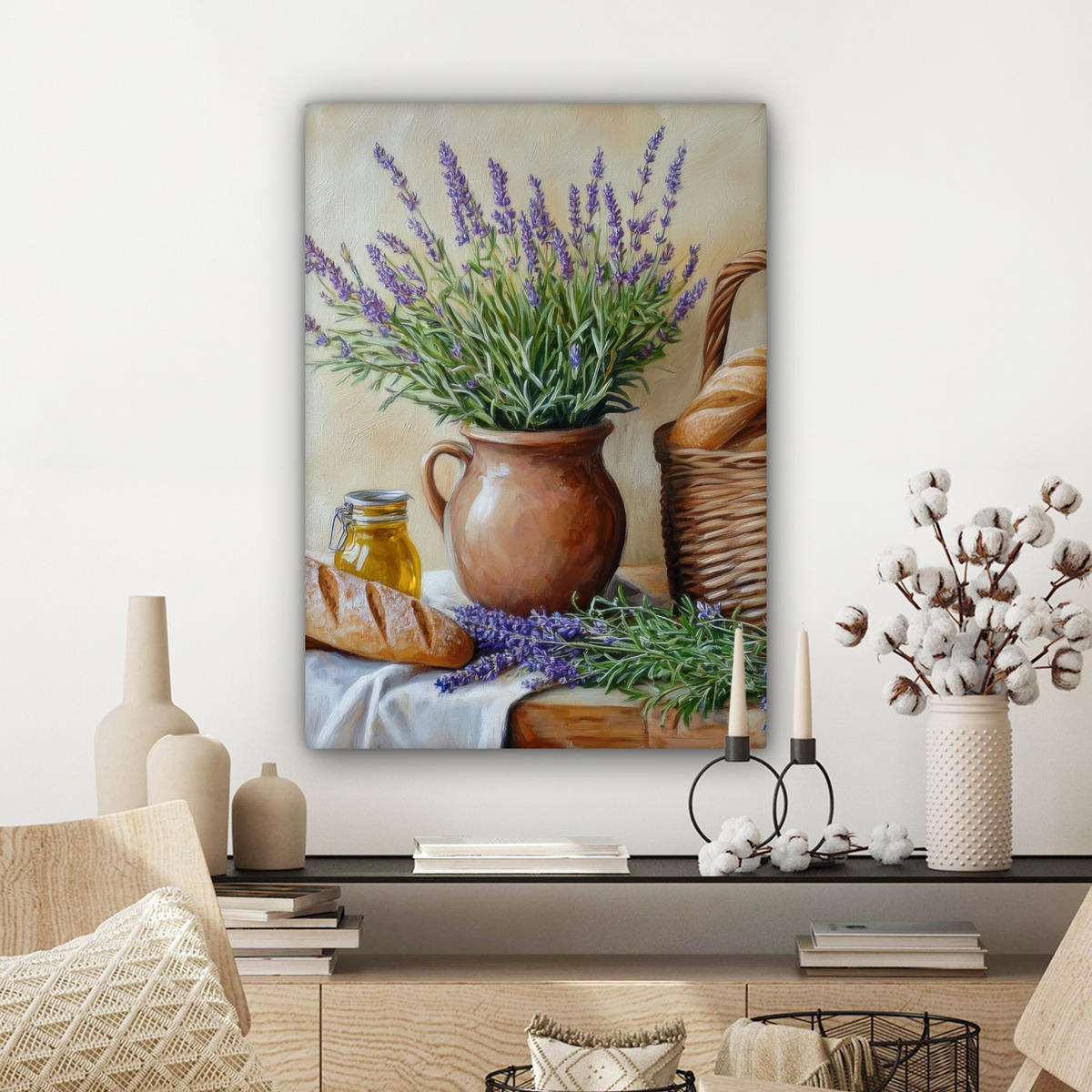 LEINWANDBILD Lavendel - Brot - Stilleben Wandbild Wohnzimmer 60x80 cm - Flieder, Textil (60/80cm) - MuchoWow