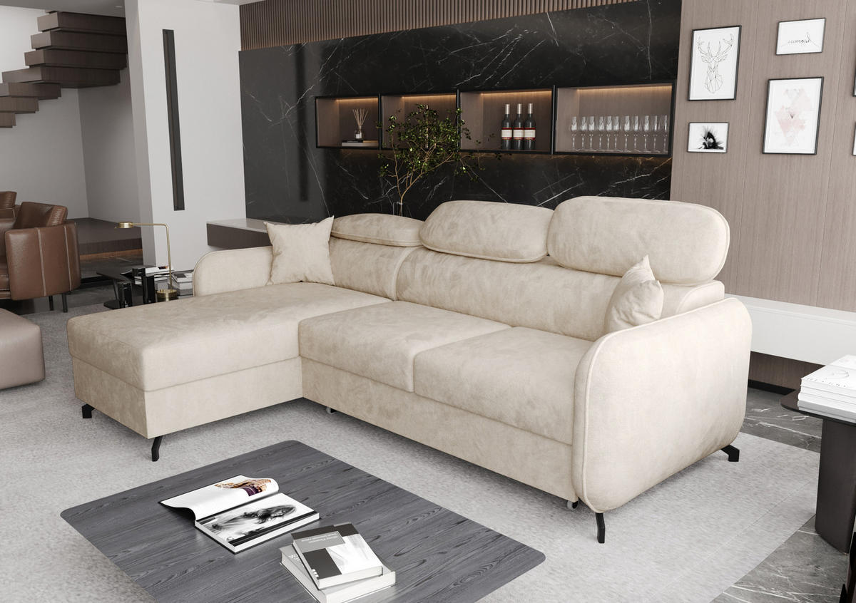 ECKSOFA L Form Ribella 5 Creme 265/180/100 cm Links mit Schlaffunktion - Beige/Schwarz, Textil/Metall (180/265cm) - AX Living