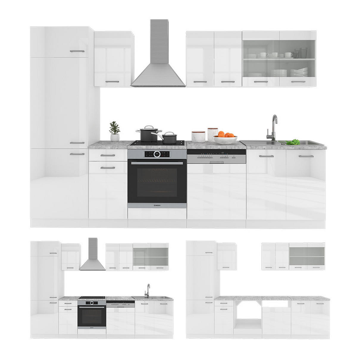 KÜCHE R-Line Weiß Hochglanz/Weiß 300 cm, AP Marmor - Weiß Hochglanz/Weiß, Holzwerkstoff (300/81.6/60cm) - Vicco