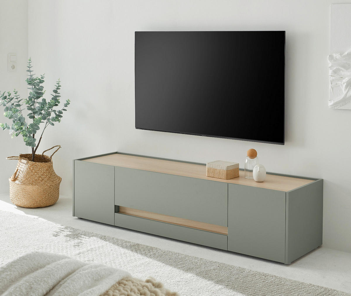 TV-LOWBOARD in Salbei grün, Barista Eiche 170 cm, TV Unterteil mit Doppel-Schubkasten - Salbeigrün/Eichefarben, Holzwerkstoff/Kunststoff (170/40/45cm) - Furn.Design