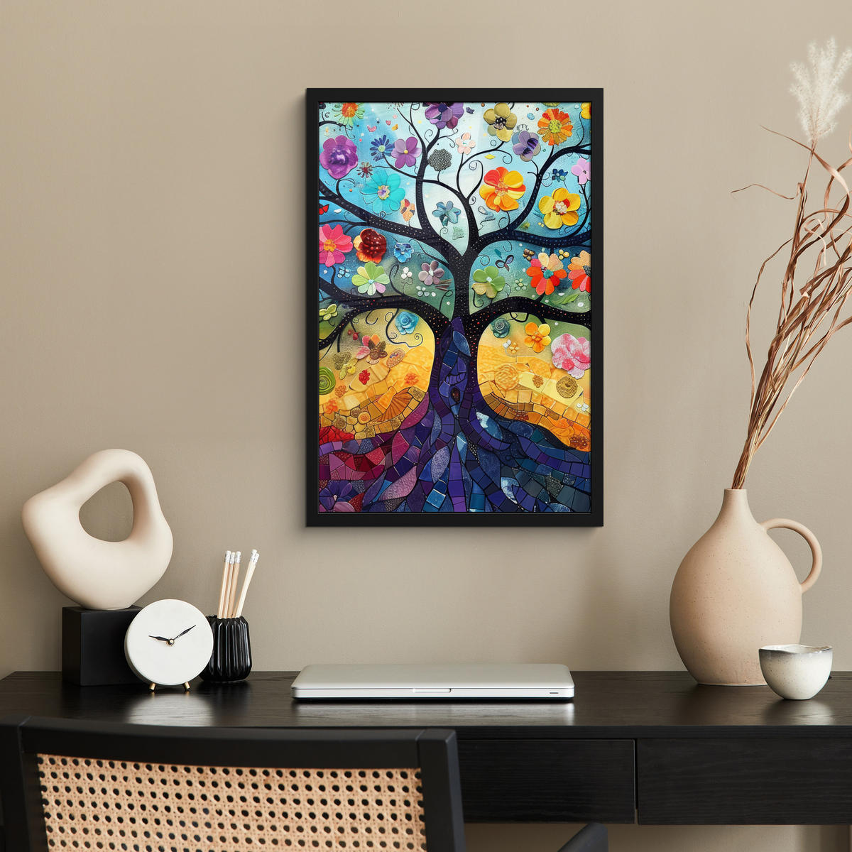 GERAHMTES BILD Kunst - Baum des Lebens - Blumen - Hippie 40x60 cm - Dunkelblau, Papier (40/60cm) - MuchoWow