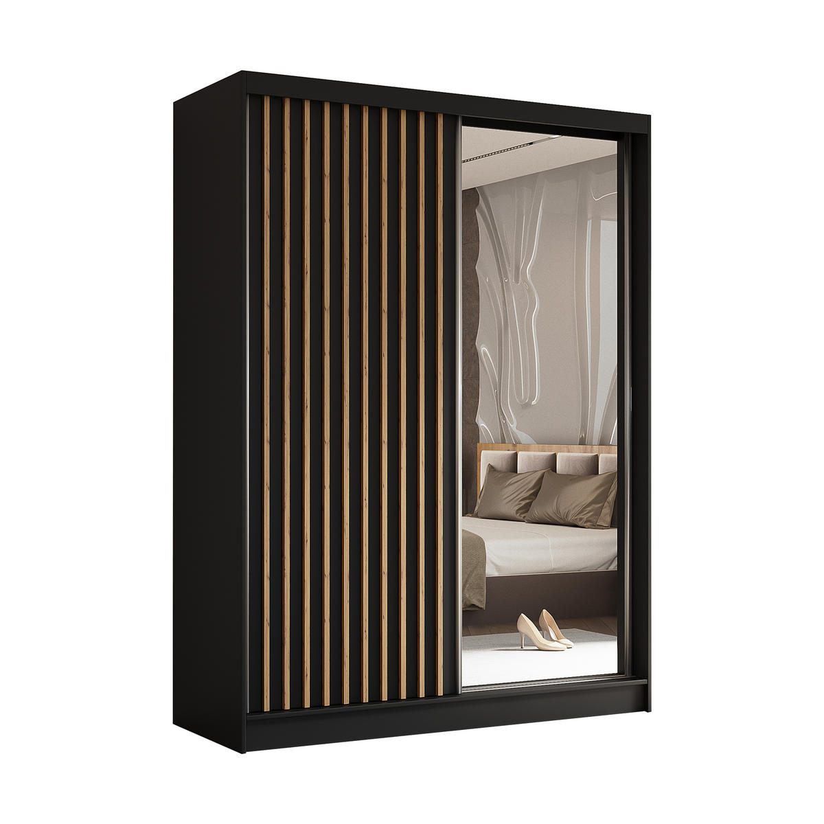 SCHWEBETÜRENSCHRANK LAMELLO 160/216/61 cm 2-türig mit Spiegel Schwarz - Schwarz, Holzwerkstoff (160/216/61cm) - MASSENO