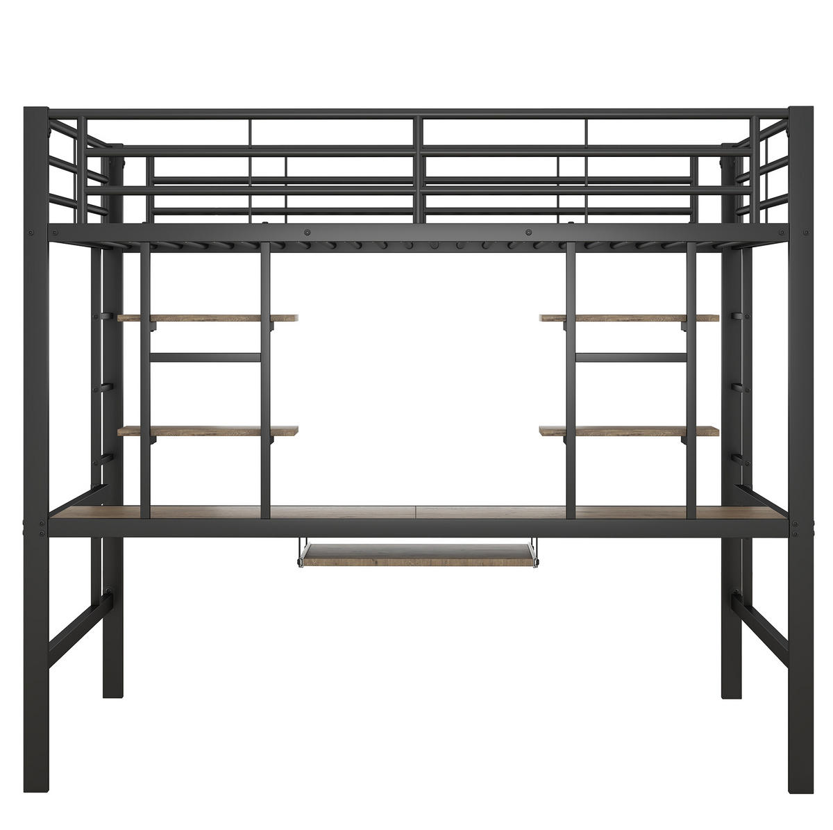 HOCHBETT mit Schreibtisch 140/200 cm in Schwarz – mit 2 Regalen und Sicherheitsumrandung - Schwarz, Metall (140/200cm) - BEAOK