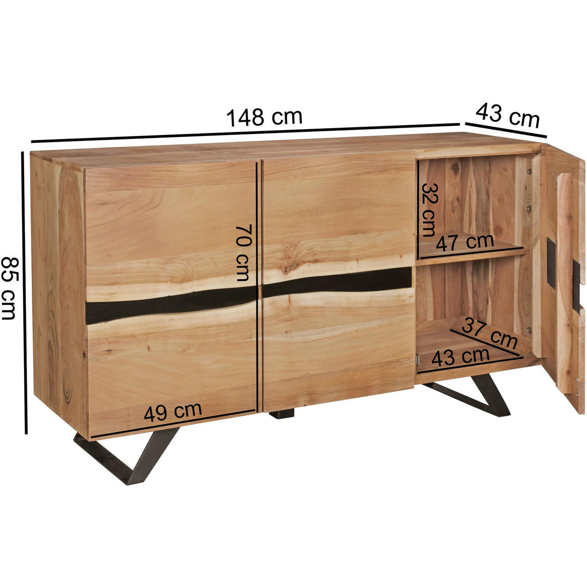 SIDEBOARD – Akazie Massivholz, 148x85x43 cm, Baumkante, Landhausstil, breit - Schwarz/Braun, Akazienholz/Holz (148/85/43cm) - KADIMA DESIGN