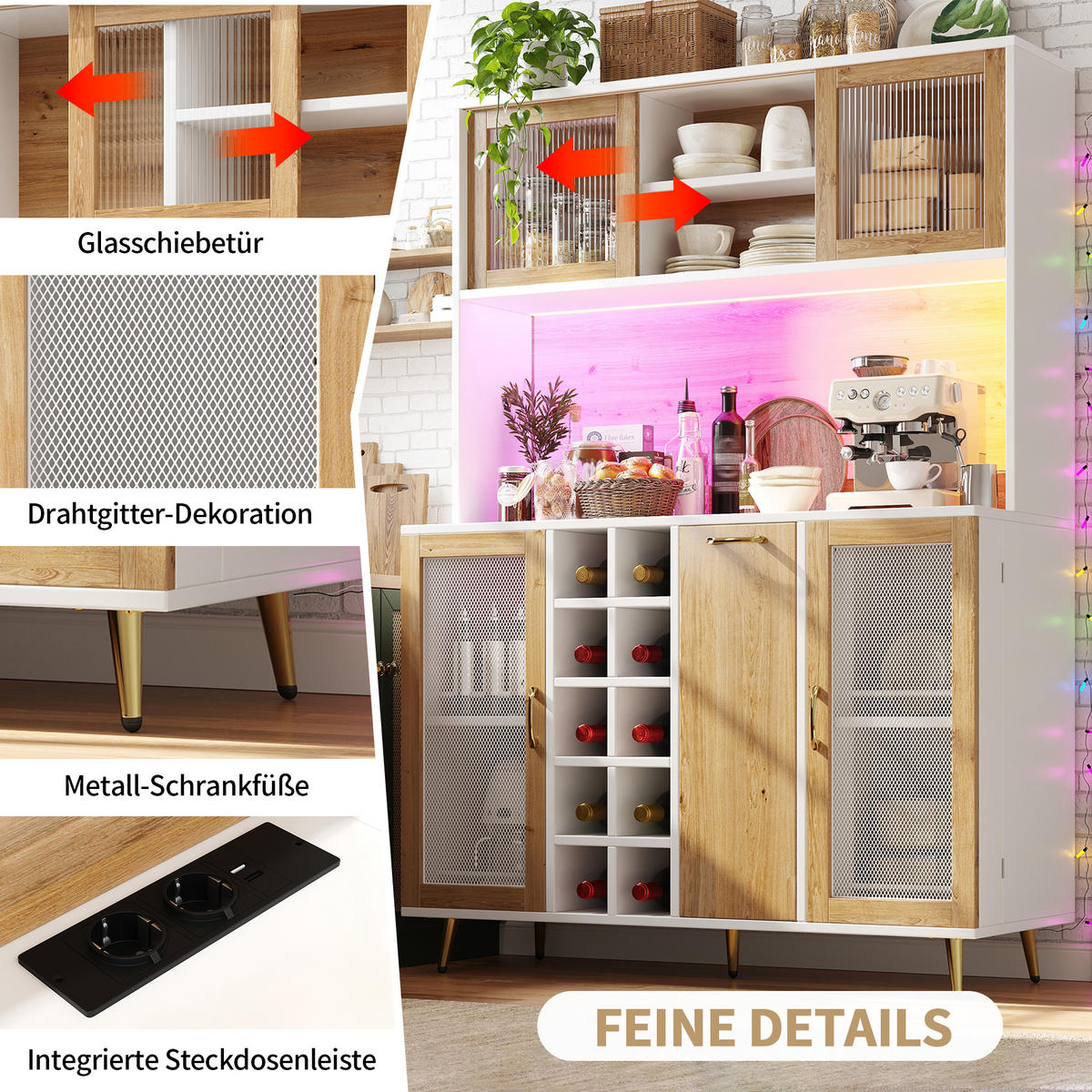 BUFFETSCHRANK 120/40/170 cm Weiß/Holzdekor aus MDF mit LED und Steckdose - Weiß, Holzwerkstoff (120/170/40cm) - OKWISH