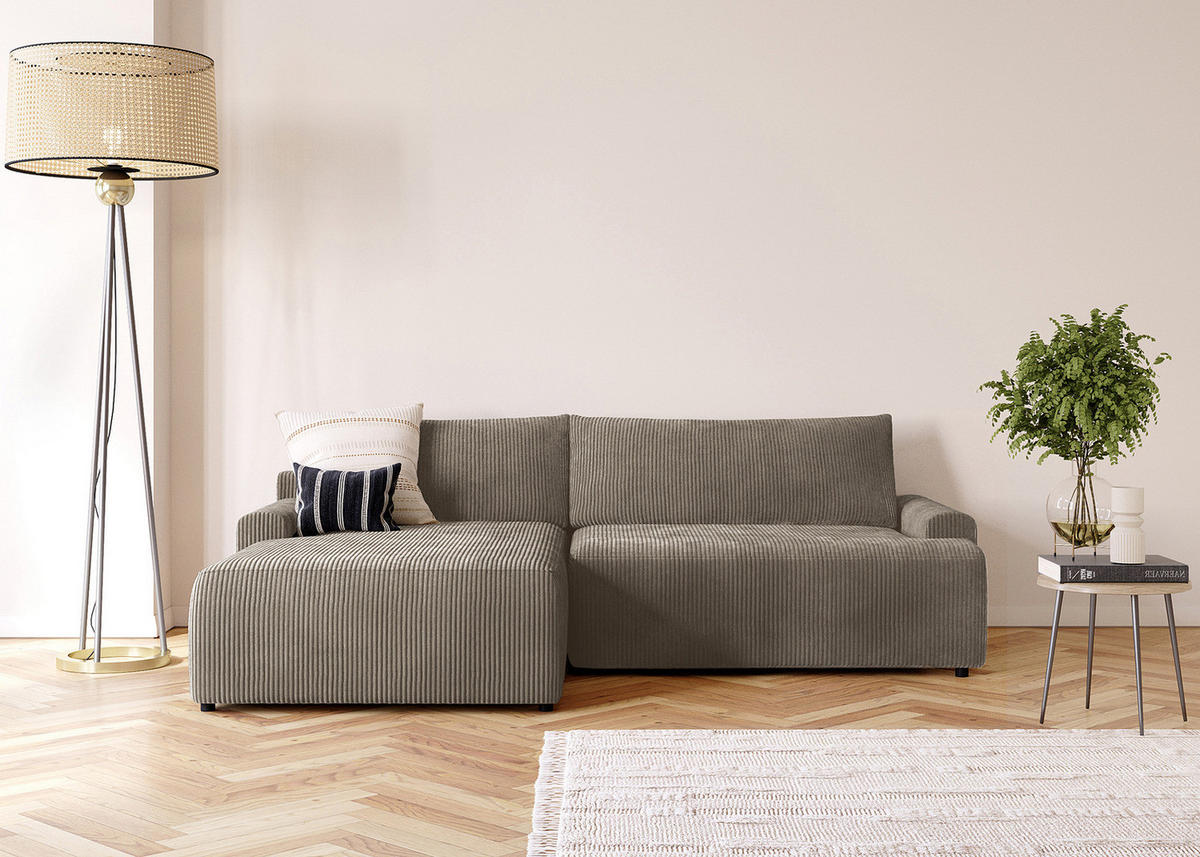 ECKSOFA mit Schlaffunktion - Longchair - Hellgrau/Schwarz, Kunststoff/Textil (253/167cm) - home24