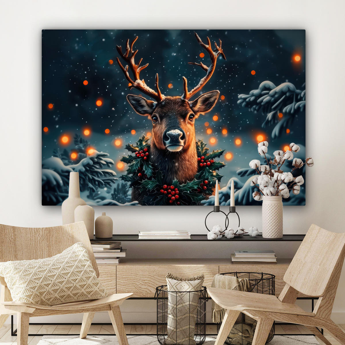 LEINWANDBILD Hirsch - Weihnachten - Winter - Schnee - Weihnachtskranz Groß 140x90 cm - Dunkelbraun, Textil (140/90cm) - MuchoWow