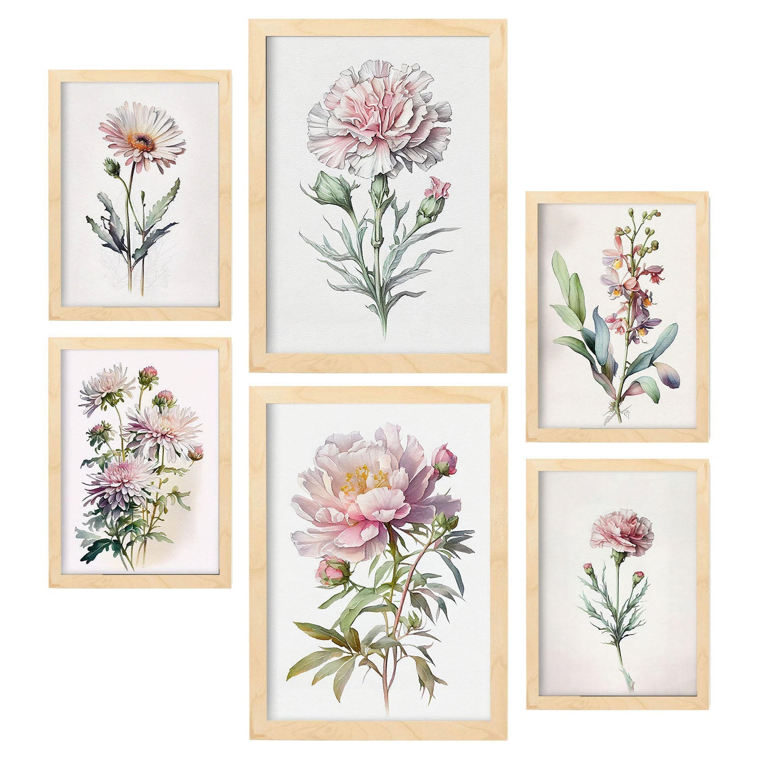 POSTER Set Mit 6 Hellrosa Blumen Vollfarbige Natur Und Botanikdrucke Mit Blumenmotiven Auf Reinweißen Hintergründen A3 & A4 Rahmen Aus Hellem Holz - Beige, Papier (29/3cm) - Nacnic