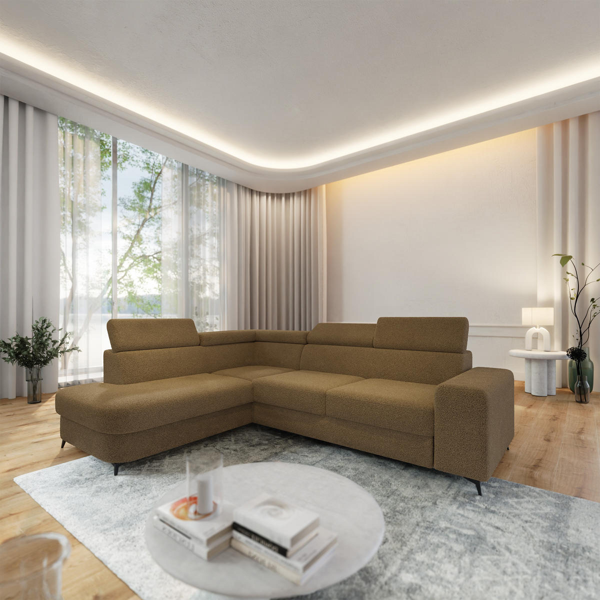 ECKSOFA ALVORO L-S Orange Boucle-Stoff mit Schlaffunktion - Orange, Holz (253/190cm) - MASSENO