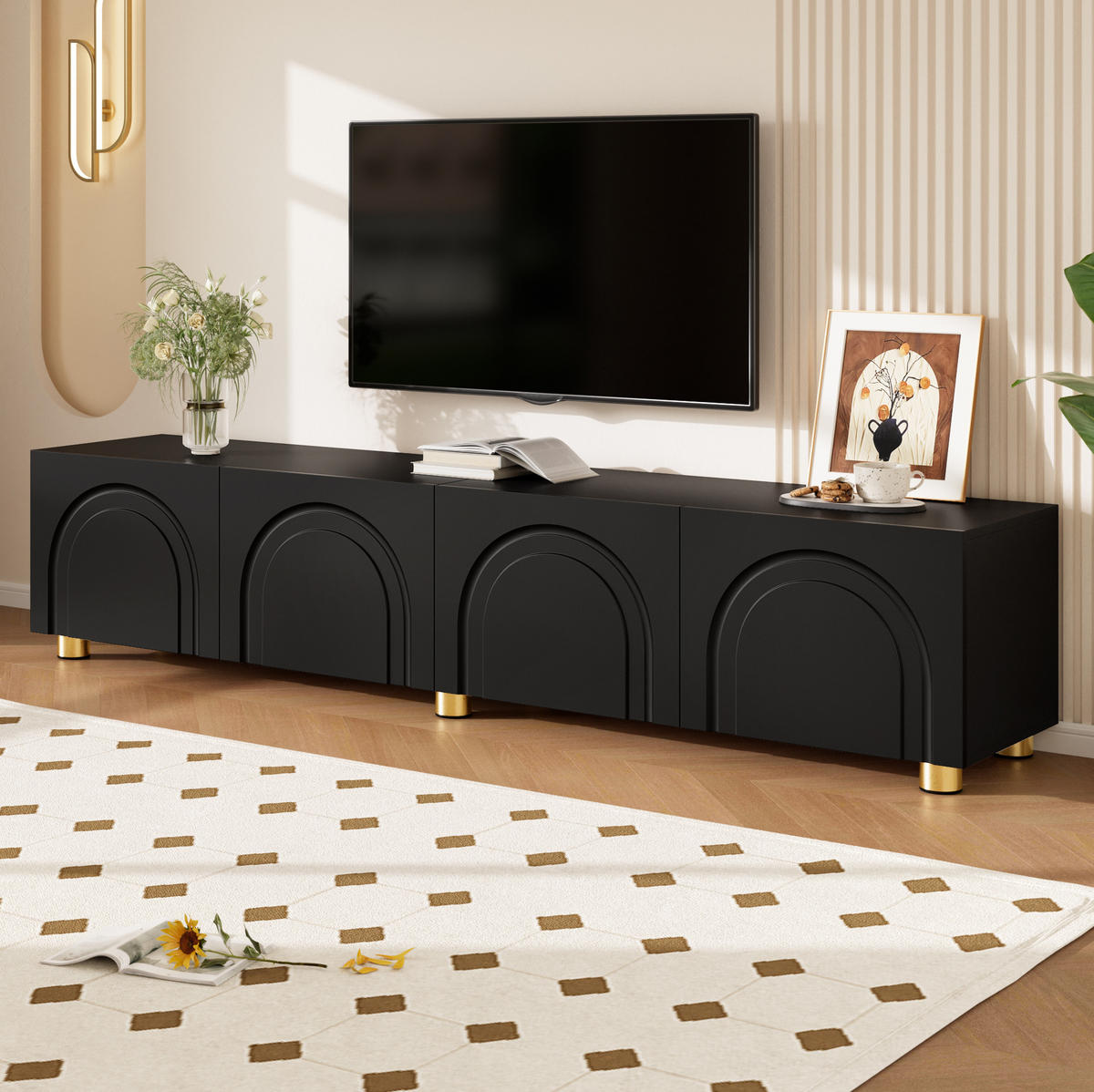 TV-SCHRANK mit 4 Türen 180 x 35 x 40 cm Schwarz mit Metallfüßen - Schwarz, Holzwerkstoff (35/40/180cm) - Beauniv