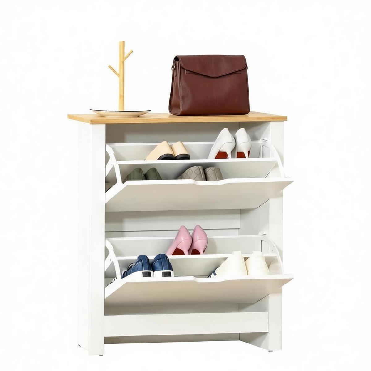 SCHUHKIPPER DE-38082 72/26/80 cm mit 2 Klapptüren Naturholz/Weiß - Weiß, Holzwerkstoff (72/80/26cm) - ComfortXL