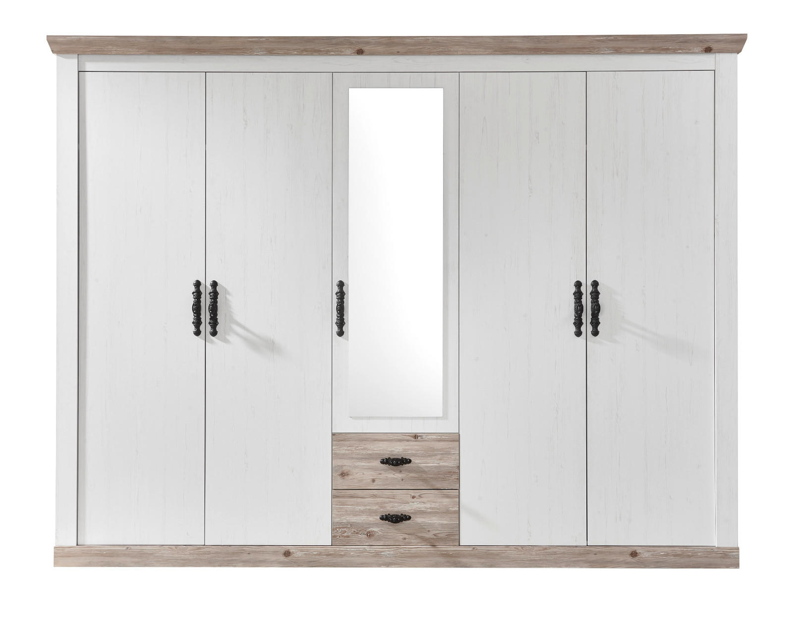 KLEIDERSCHRANK Pinie weiß, Oslo Pinie Landhaus, Drehtürenschrank 5-türig mit Spiegel, 265 x 201 cm - Anthrazit/Weiß, Holzwerkstoff/Metall (265/201/60cm) - Furn.Design