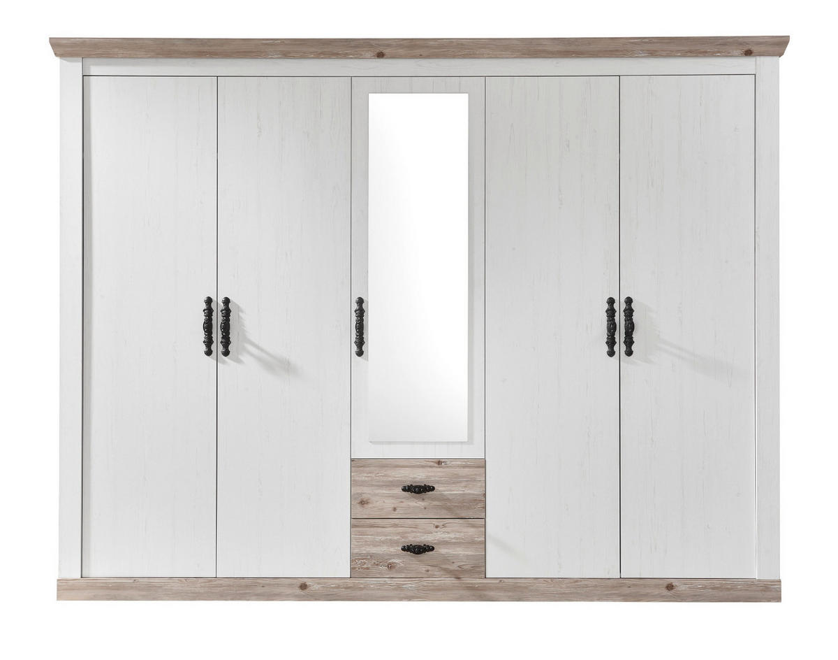 KLEIDERSCHRANK Pinie weiß, Oslo Pinie Landhaus, Drehtürenschrank 5-türig mit Spiegel, 265 x 201 cm - Anthrazit/Weiß, Holzwerkstoff/Metall (265/201/60cm) - Furn.Design