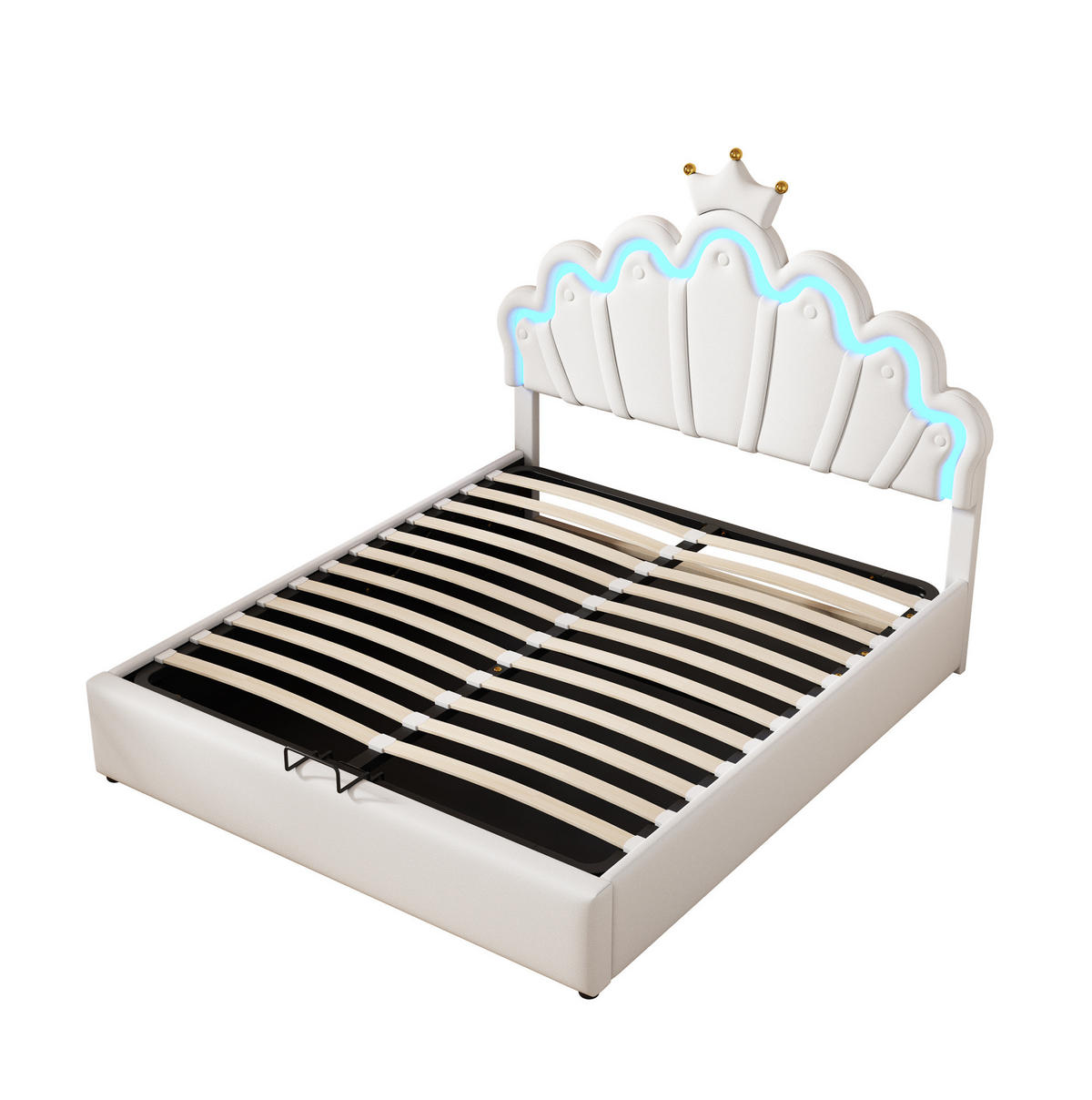 TAPECIRANI krevet 140/200 cm bijeli od PU umjetne kože s LED rasvjetom i spremištem - bijela, plastika (140/200cm) - OKWISH