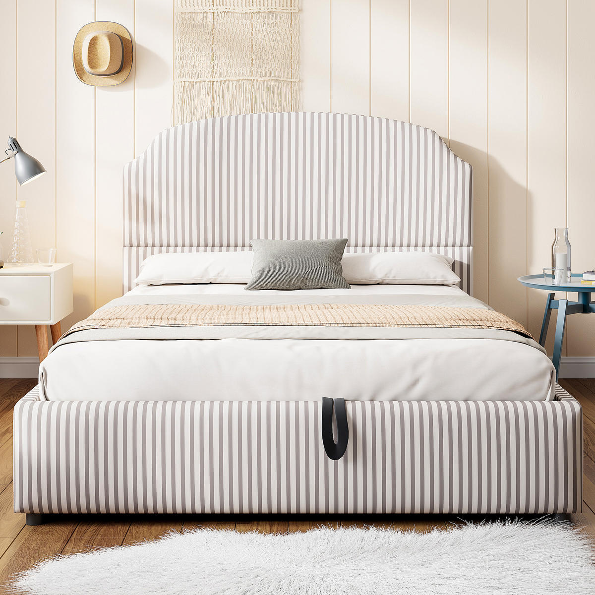POLSTERBETT 140/200 cm Weiß Anthrazit mit hydraulischem Stauraum und Streifenstoff - Weiß, Textil (140/200cm) - OKWISH