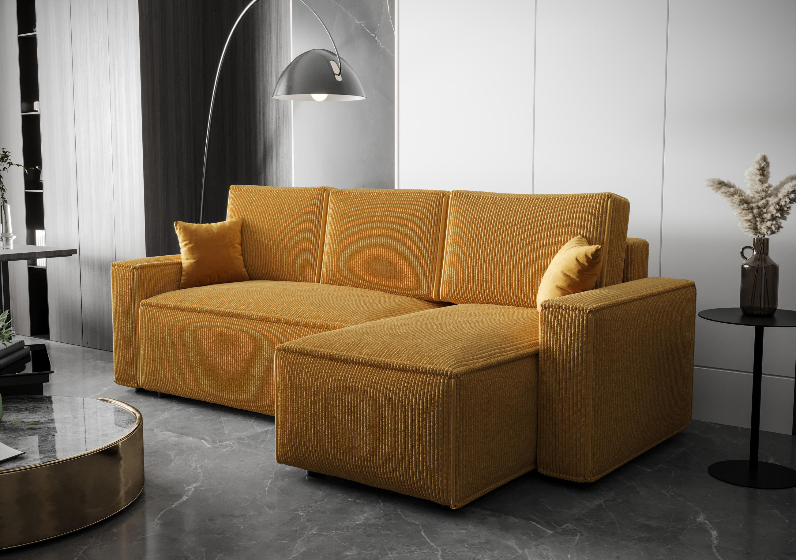 ECKSOFA AMRO CORD Gelb mit Schlaffunktion - Gelb/Schwarz, Kunststoff/Textil (237/140cm) - Luxkor24