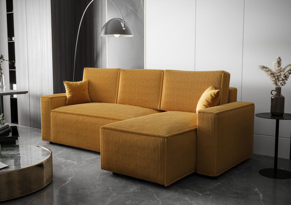 ECKSOFA AMRO CORD Gelb mit Schlaffunktion - Gelb/Schwarz, Kunststoff/Textil (237/140cm) - Luxkor24