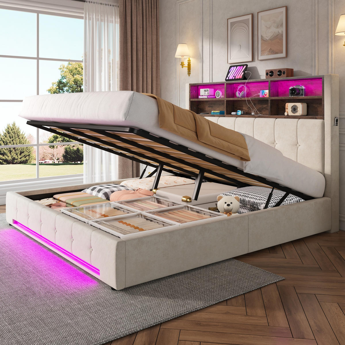 POLSTERBETT 180/200 cm in Beige mit 6 Fächern, Seitentaschen, USB-C, LED und Bettkasten aus Samt und Metall - Dunkelgrau, Holzwerkstoff/Textil - STILVORA