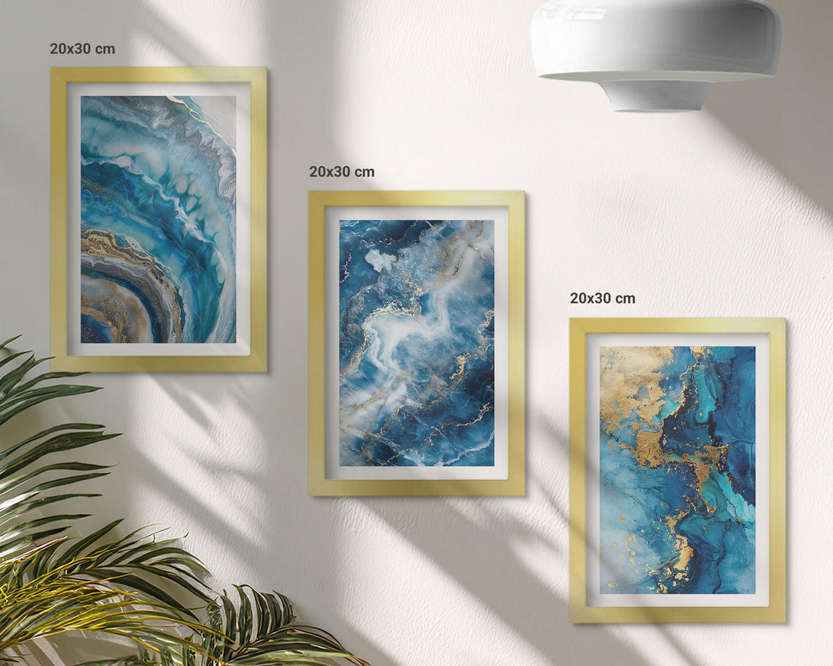WANDBILDER 3er Set - 20x30 cm Goldrahmen - Blaue abstrakte Muster - Goldfarben, Kunststoff (20/30cm) - ArtPrintCave